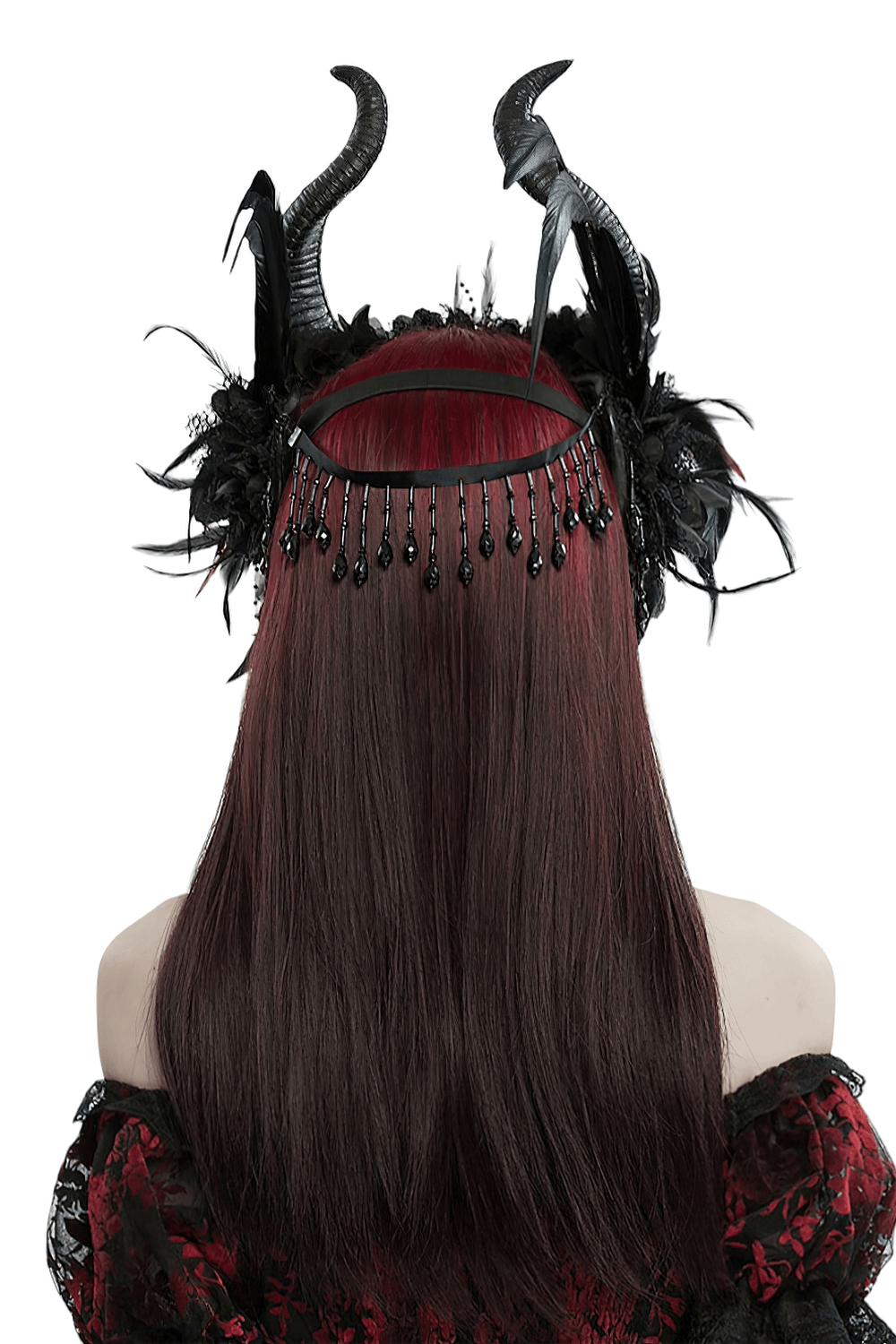 Gothic horned headpiece with devil eyes, feathers, and tassels; perfect for a dark, mystical look.