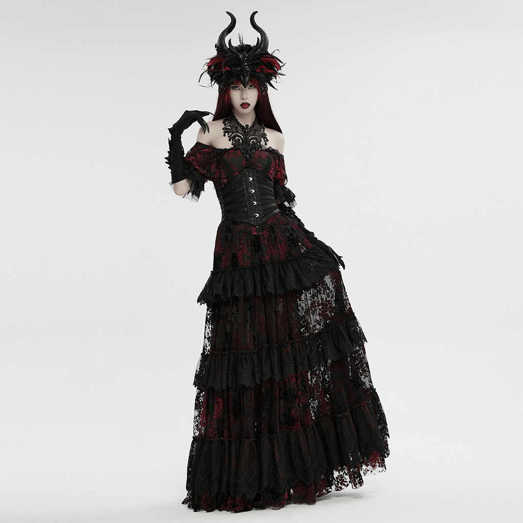 Gothic woman wearing a horned headpiece and a dark lace gown, exuding an aura of occult elegance and mystery.