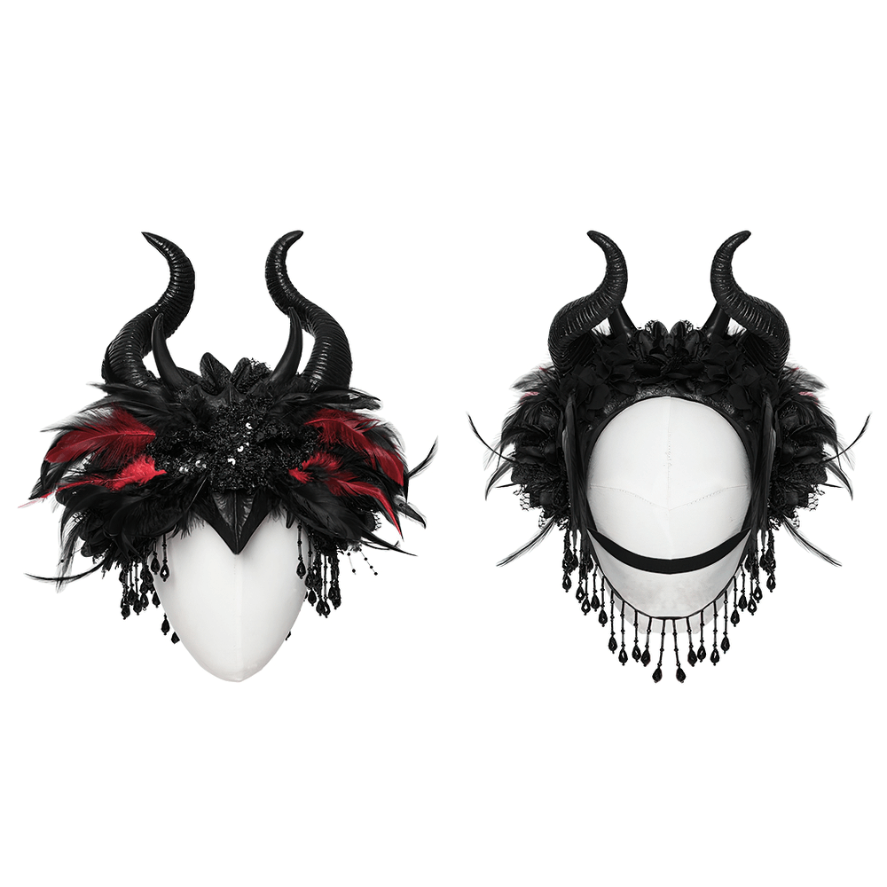 Gothic horned headpiece with demon eyes, feathers, and floral accents for a striking occult look.