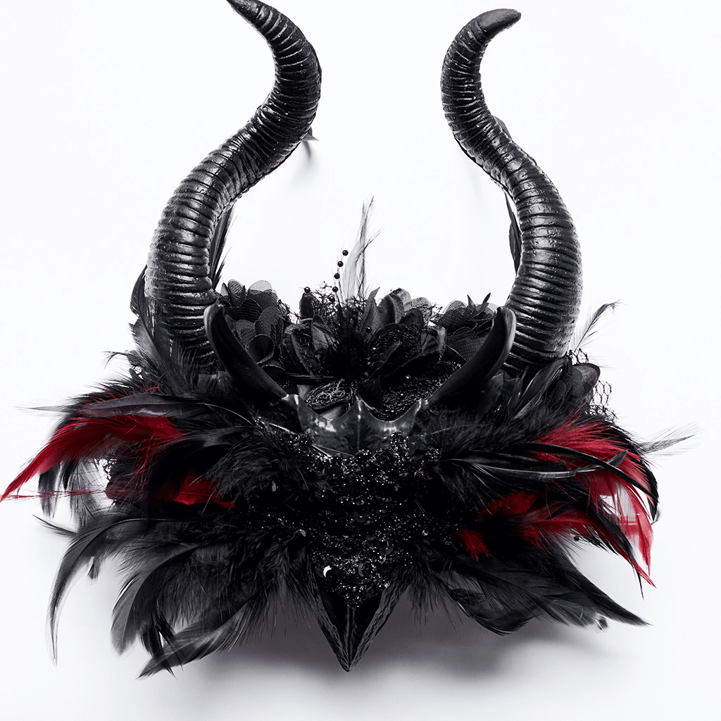 Gothic horned headpiece featuring demon eyes, feathers, and floral details for a mystical touch.
