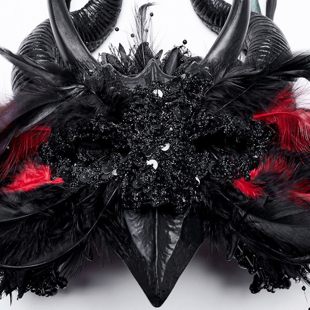Gothic horned headpiece with demon eyes, feathers, and floral accents for a mystical look.