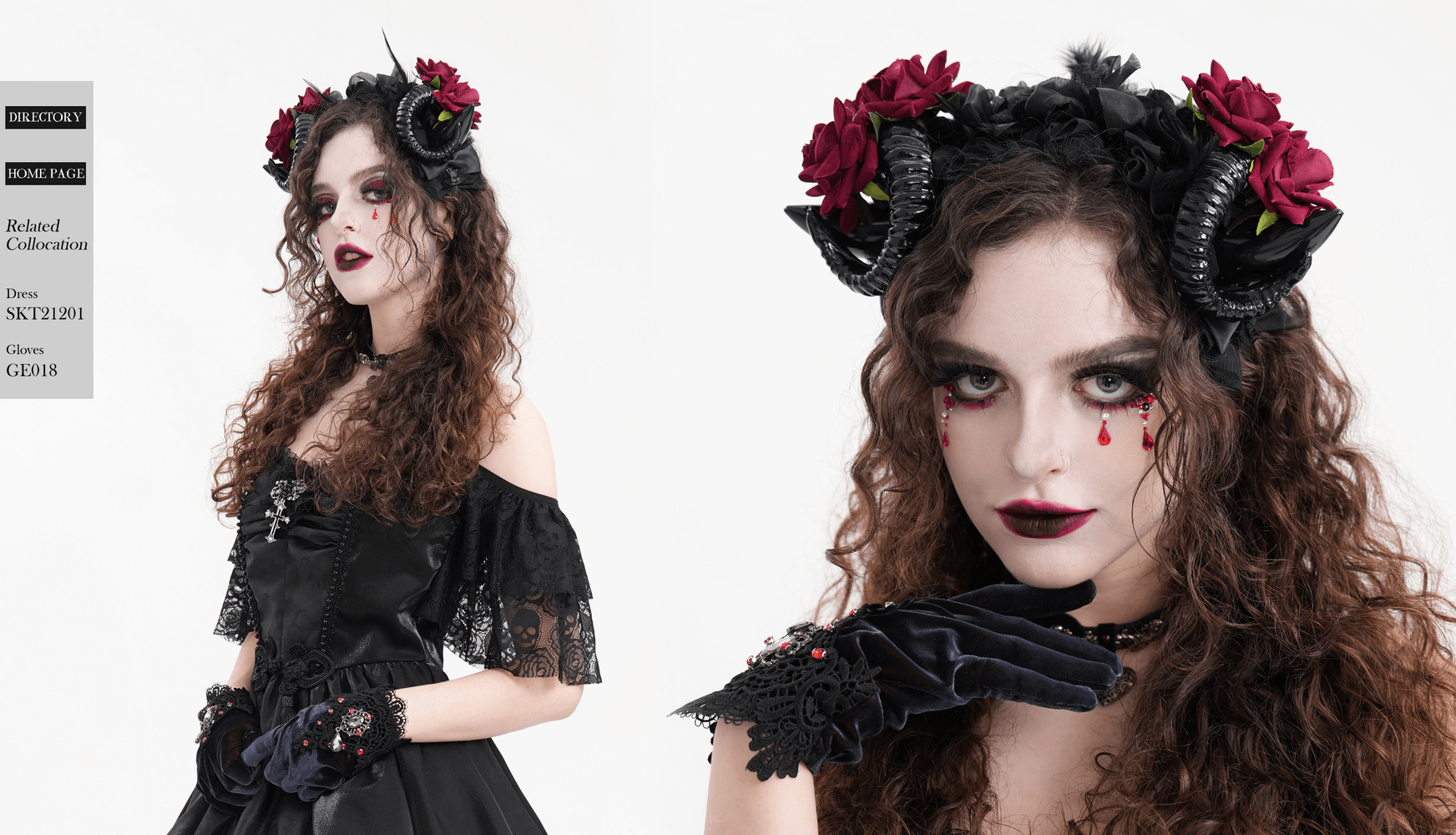 Gothic horned headpiece adorned with red roses and black ribbons, perfect for alternative fashion or cosplay.