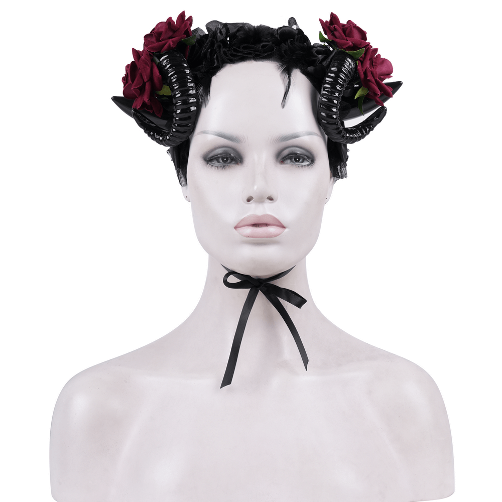 Gothic Horned Headpiece with Red Roses and Black Ribbon Ties