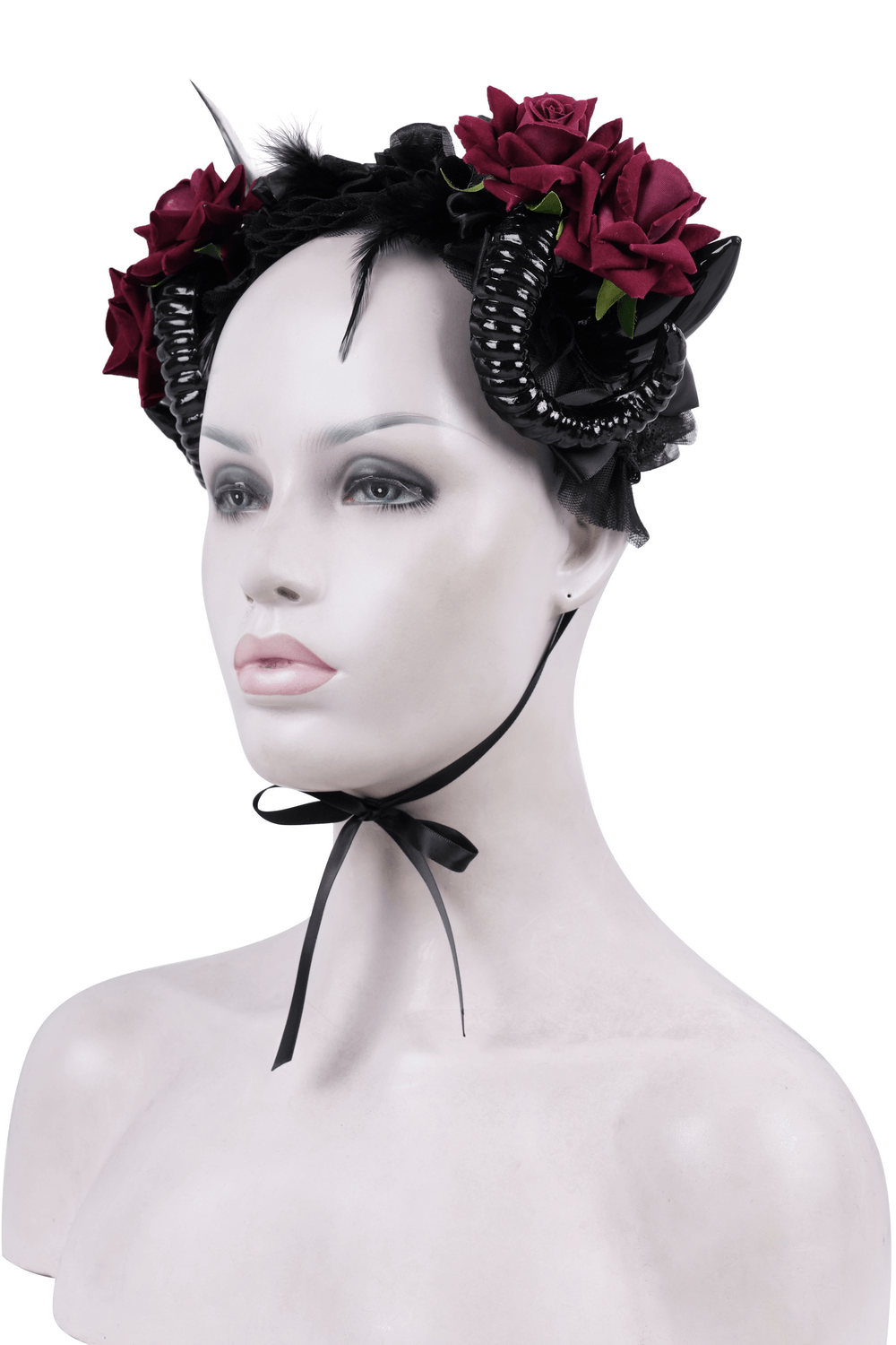 Gothic Horned Headpiece with Red Roses and Black Ribbon Ties