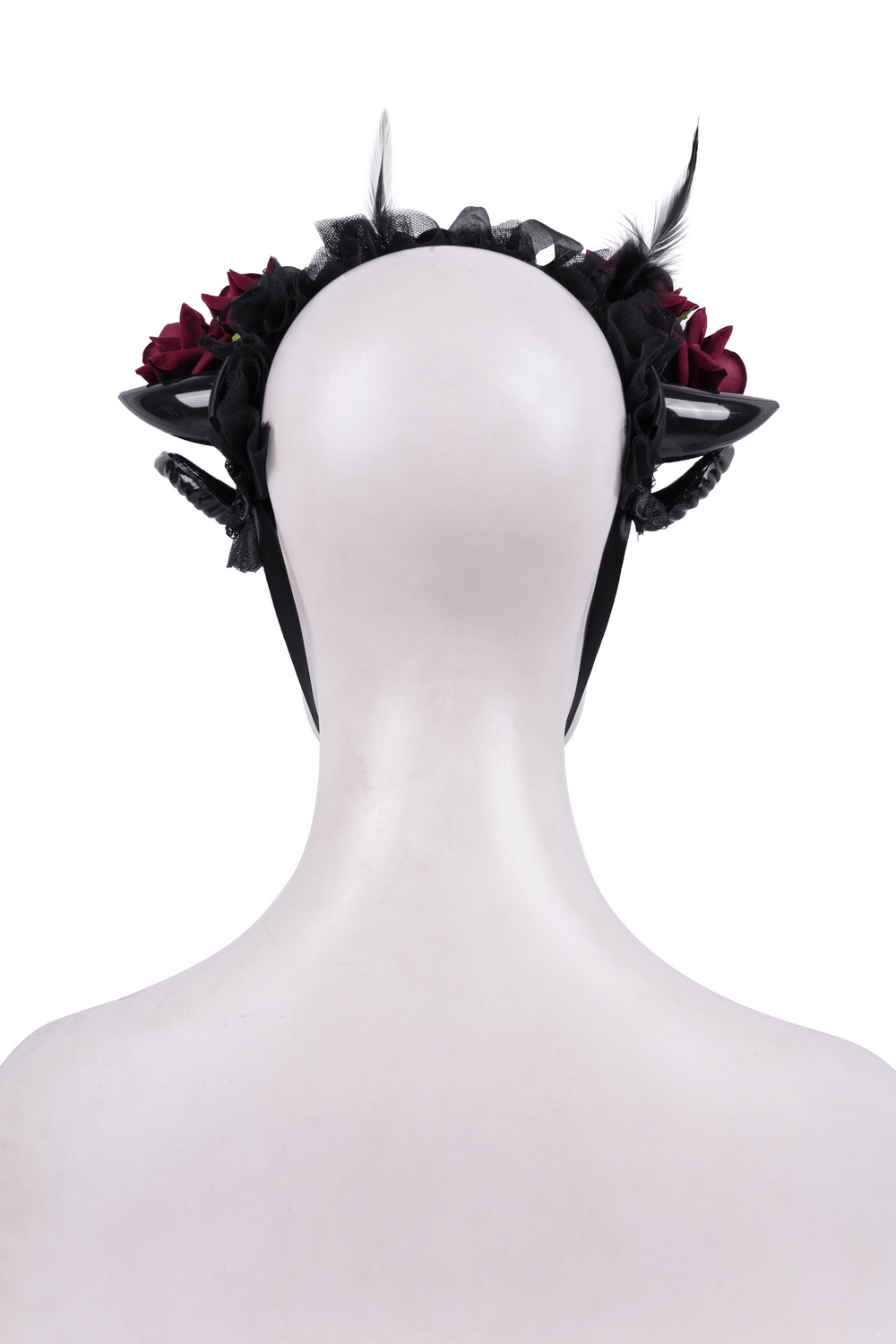 Gothic horned headpiece with red roses and black ribbon ties, showcasing a striking dark floral design from behind.