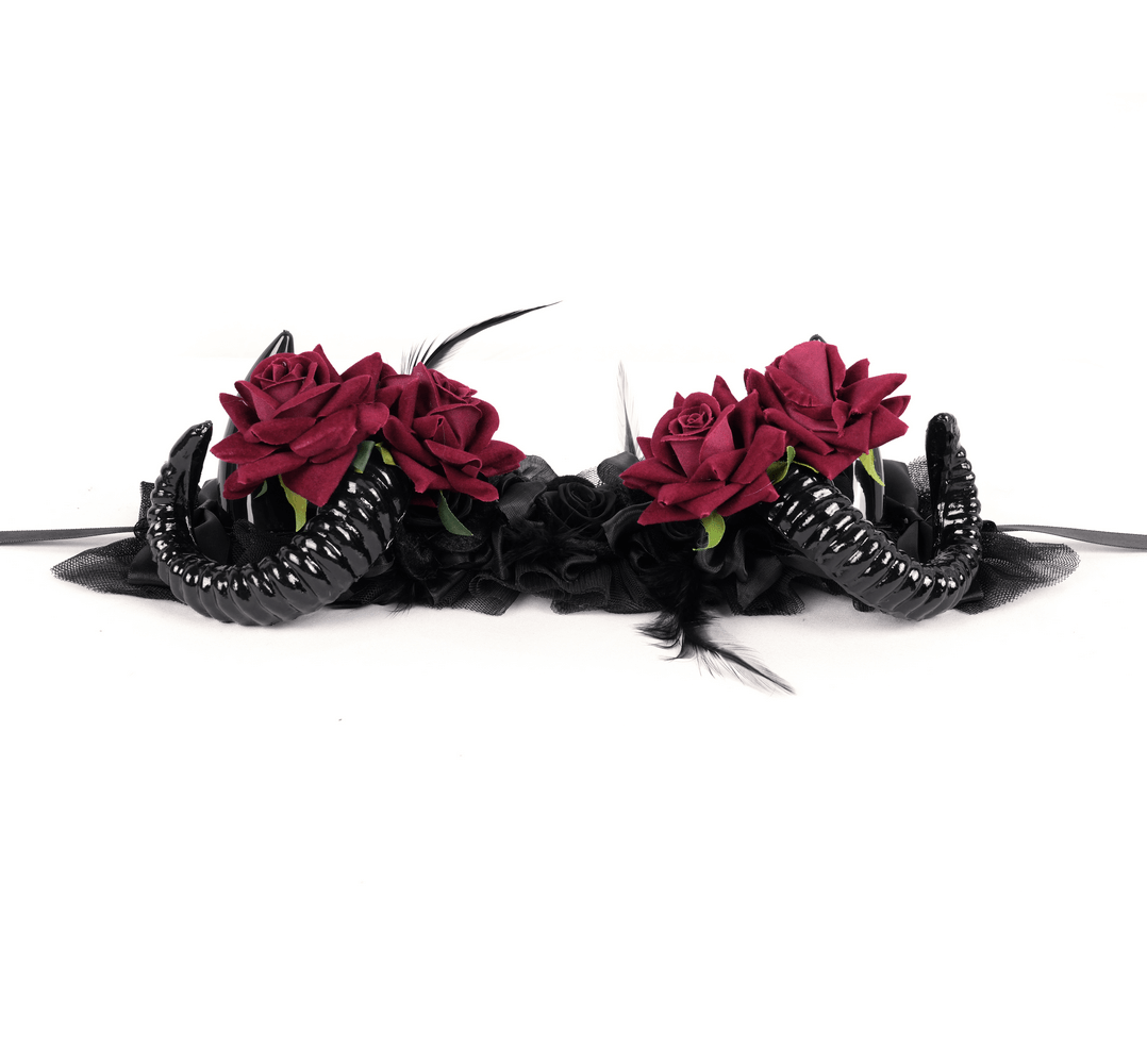 Gothic horned headpiece featuring black horns, deep red roses, and black ribbon ties for a darkly elegant look.