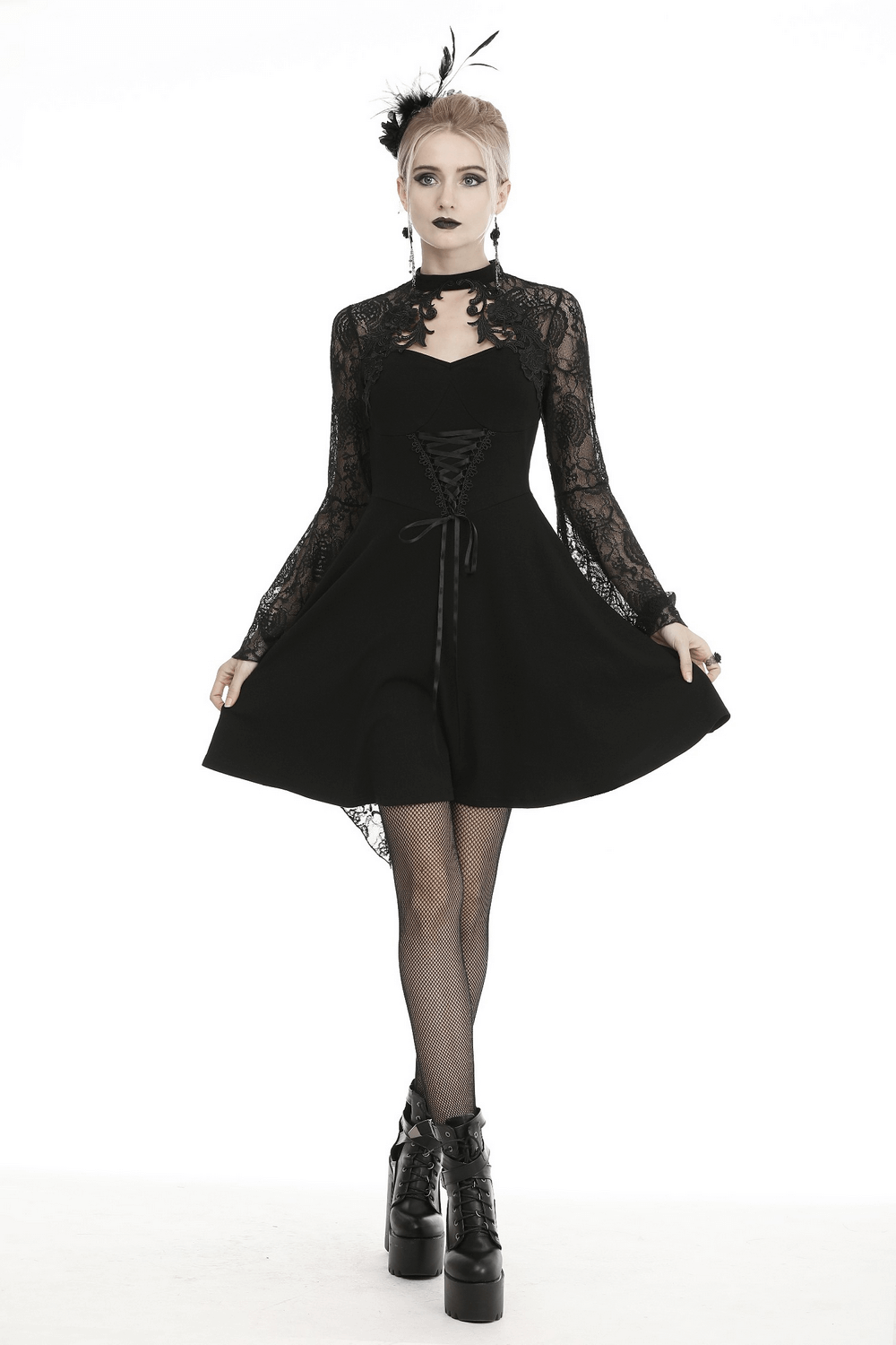 Gothic-Inspired Lace Dress with Bell Sleeves and Corset Detail