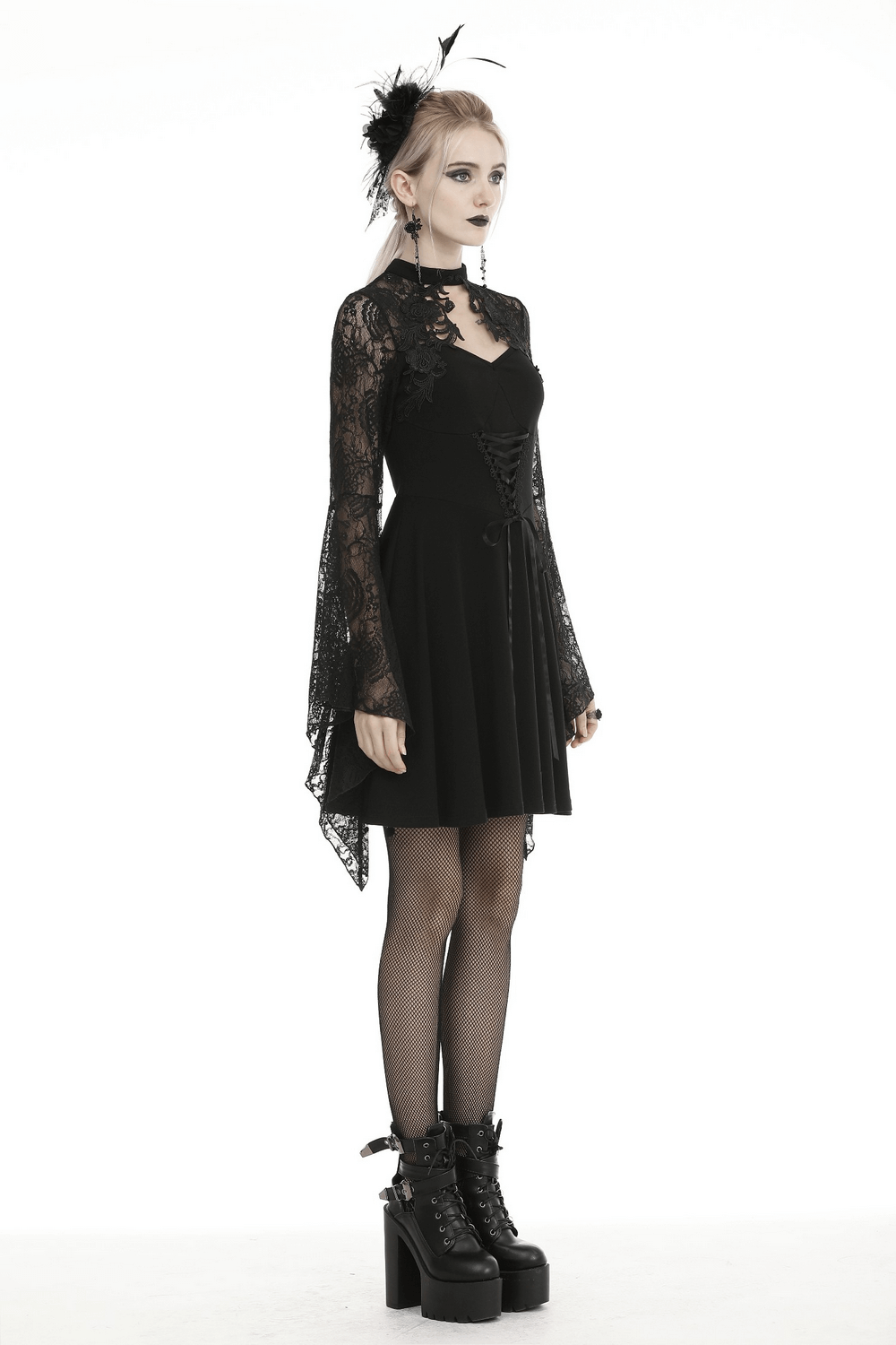 Gothic-Inspired Lace Dress with Bell Sleeves and Corset Detail