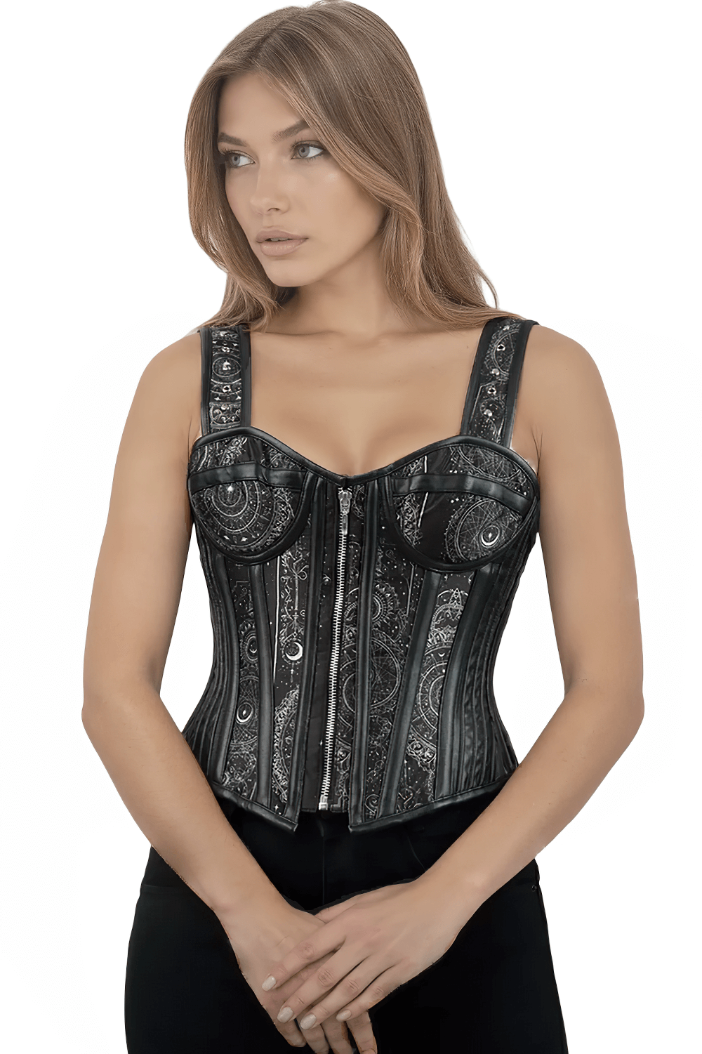 Gothic-Inspired Overbust Corset with Faux Leather Accents showcasing a stylish model in a sophisticated design.