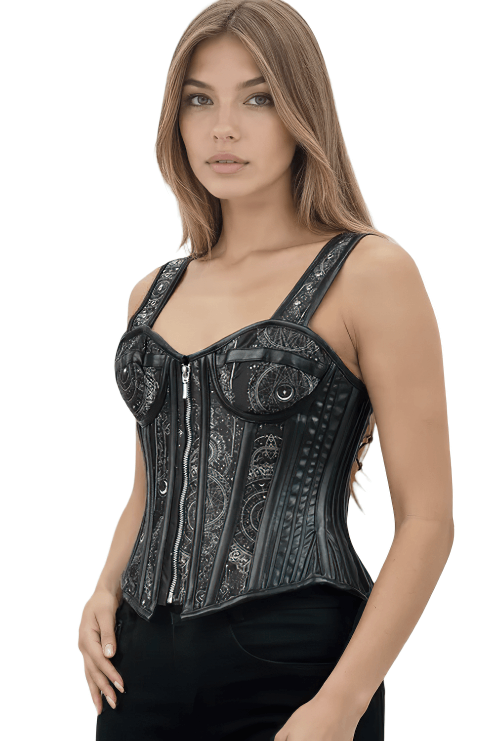 Gothic-Inspired Overbust Corset with Faux Leather Accents showcasing intricate patterns and structured fit.