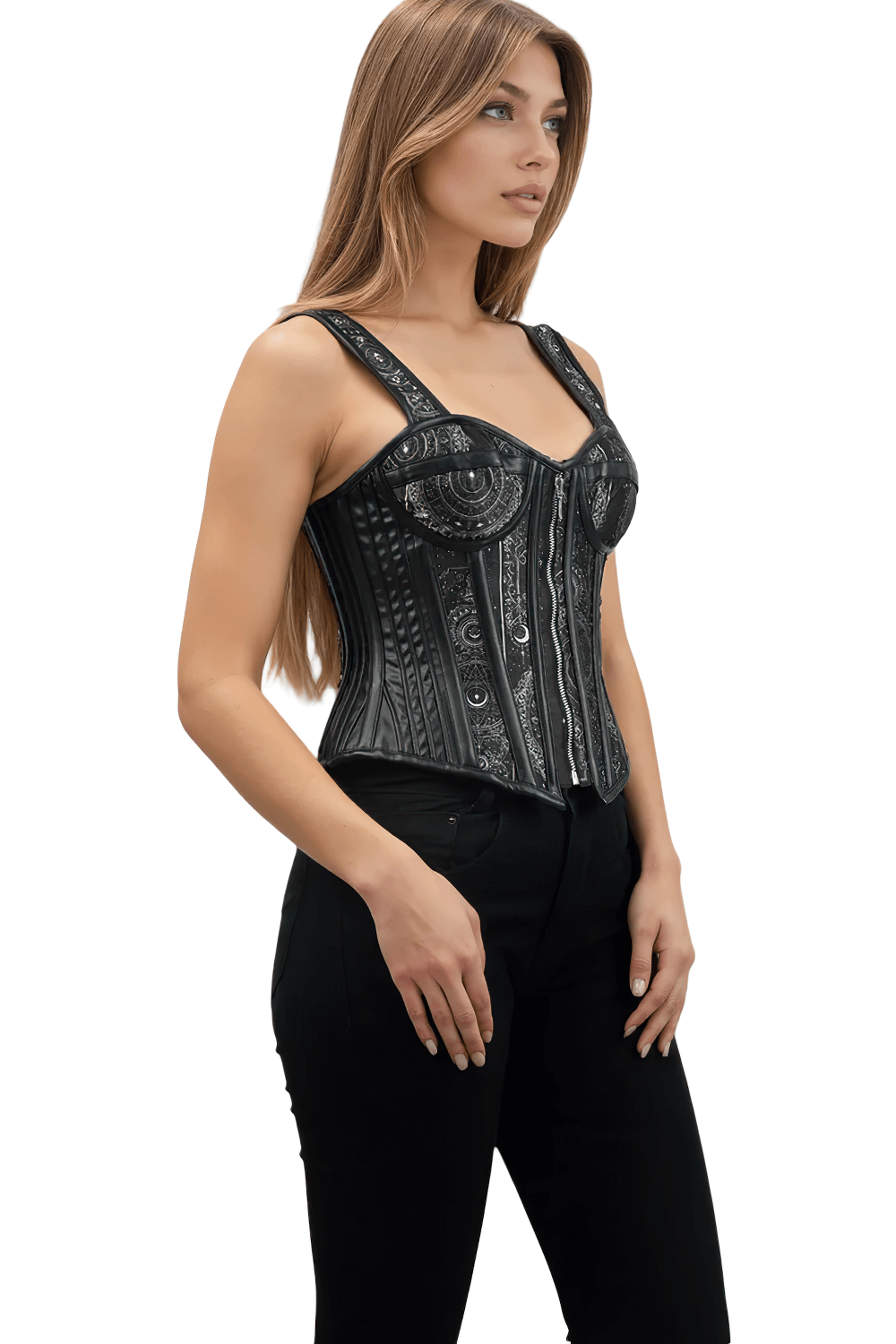 Gothic-Inspired Overbust Corset with Faux Leather Accents features celestial print and structured fit.