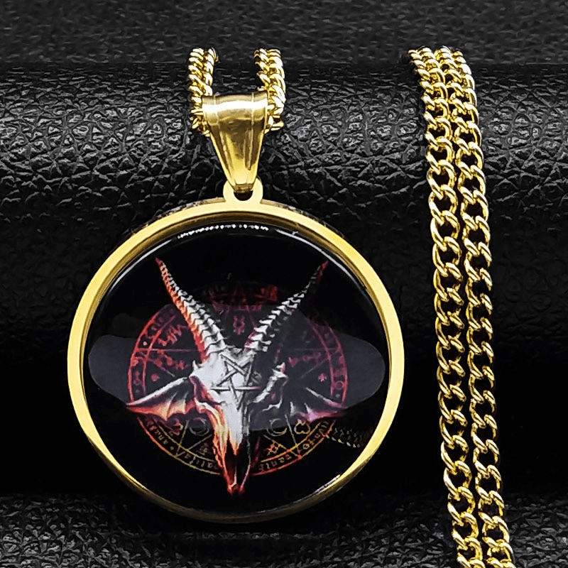Gothic inverted pentagram goat head pendant necklace in stainless steel with esoteric runes, perfect for dark aesthetics.