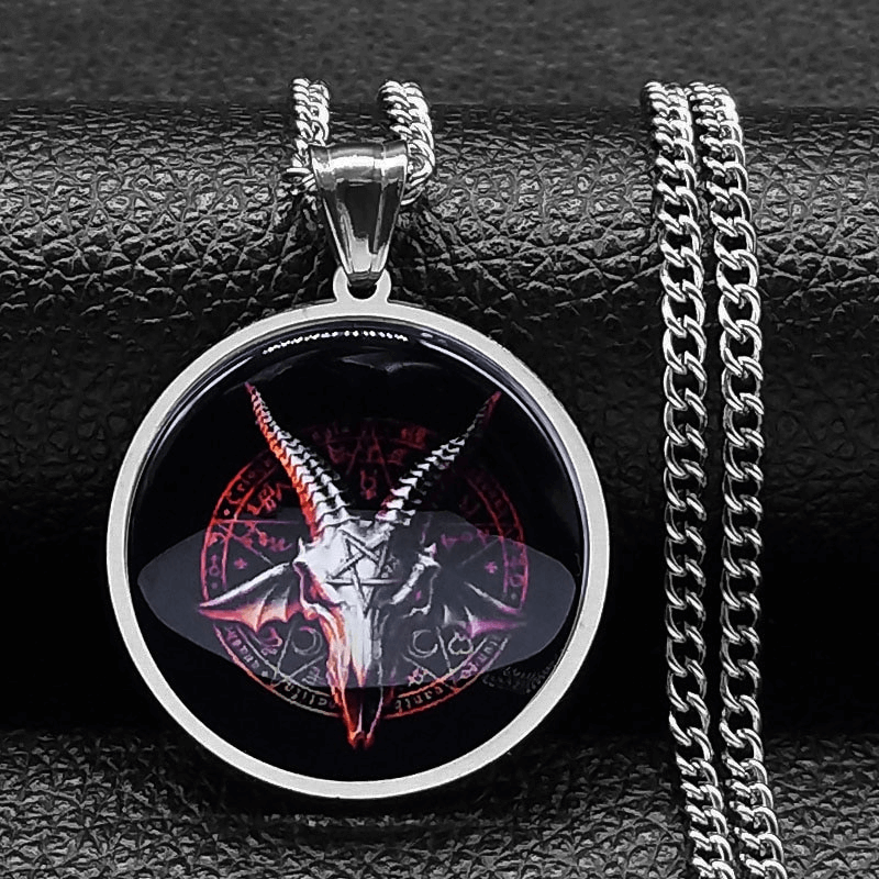 Gothic stainless steel goat head pendant necklace with Baphomet emblem and esoteric runes. Bold occult jewelry.