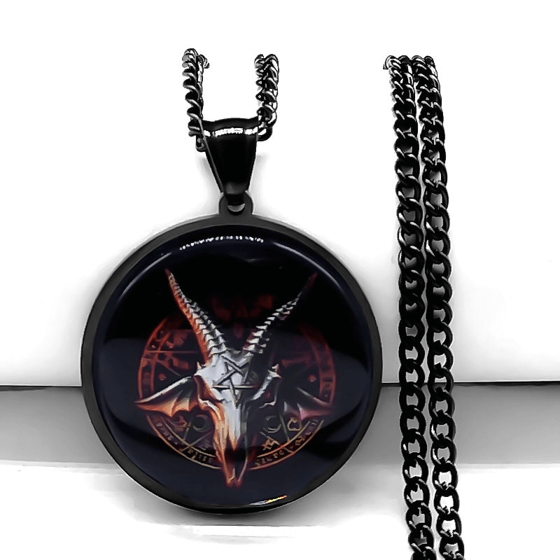 Gothic stainless steel necklace featuring a Baphomet goat head pendant and esoteric runes, perfect for dark aesthetics.