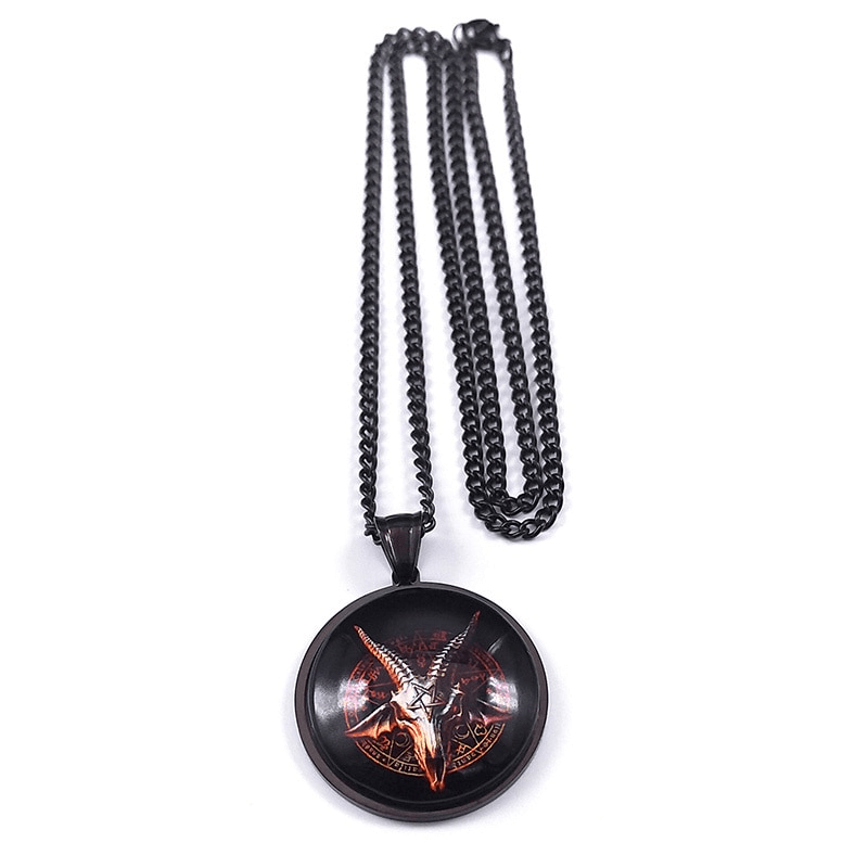 Gothic inverted pentagram goat head pendant necklace in stainless steel with intricate design.