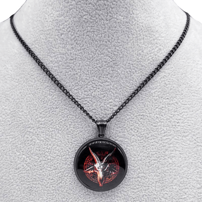 Gothic inverted pentagram goat head pendant necklace in stainless steel, featuring a striking Baphomet emblem.