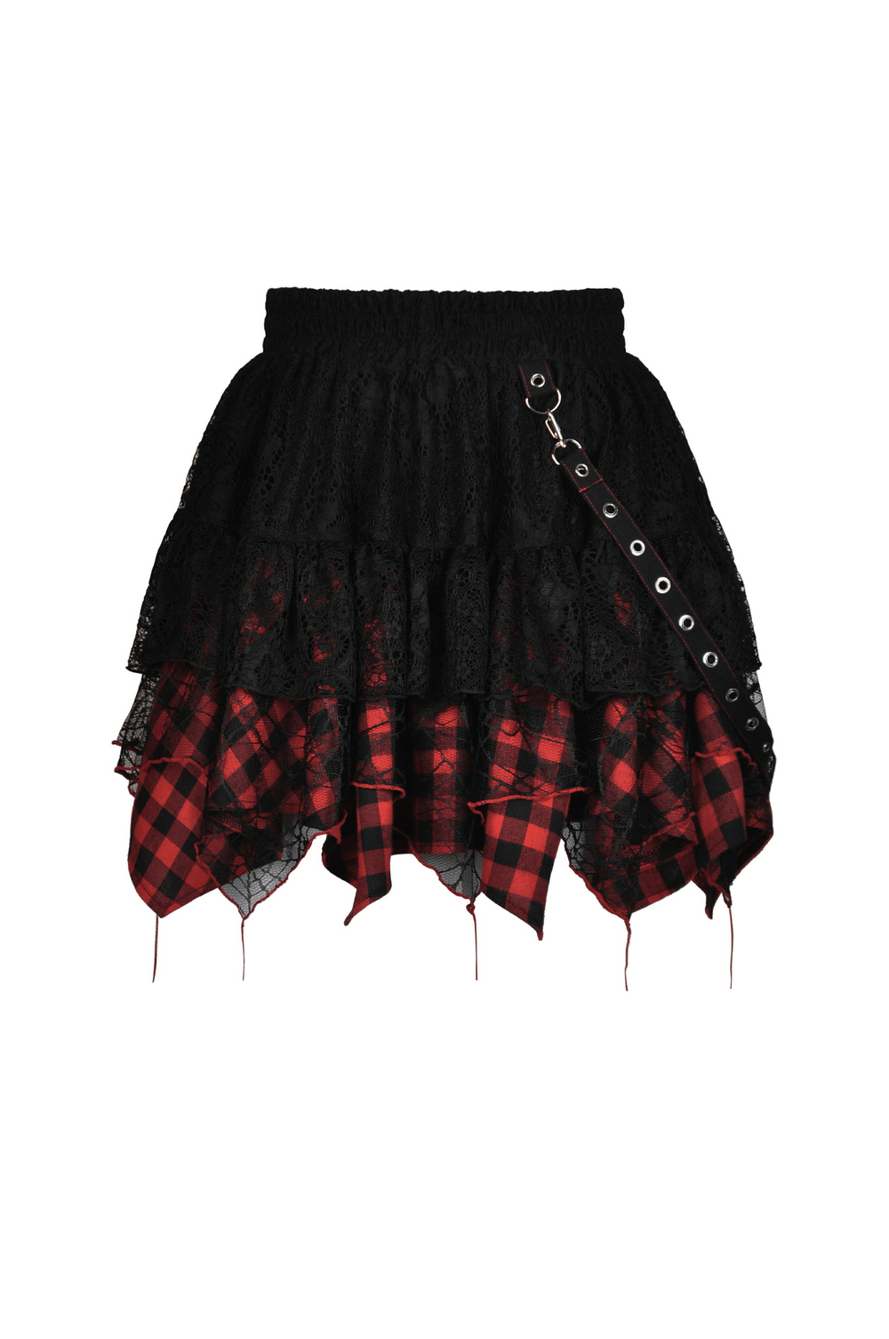 Gothic irregular layered mini skirt with lace, plaid details, and side chain for edgy punk rock style.