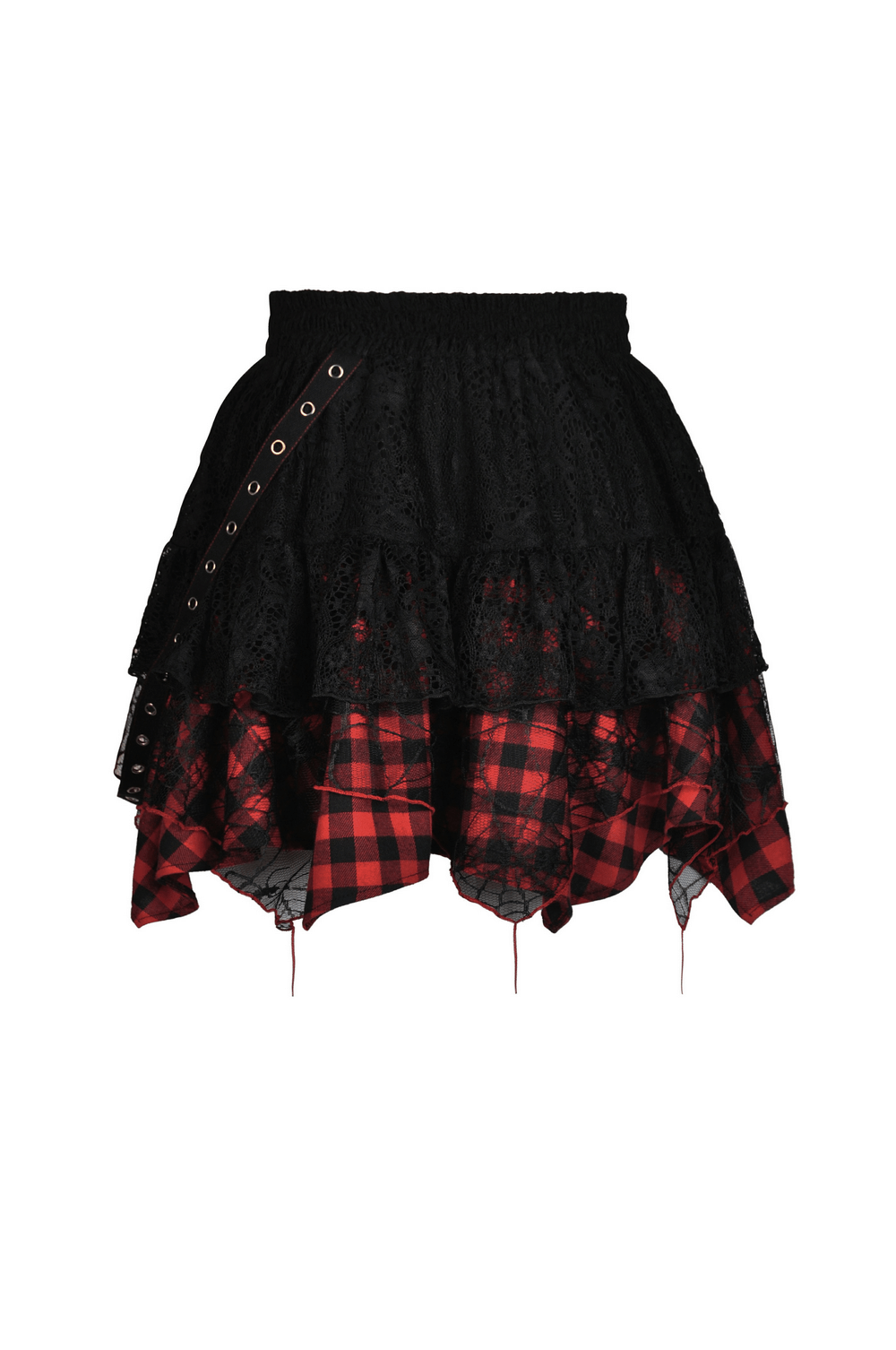 Gothic Irregular Layered Skirt with Plaid and Lace Details