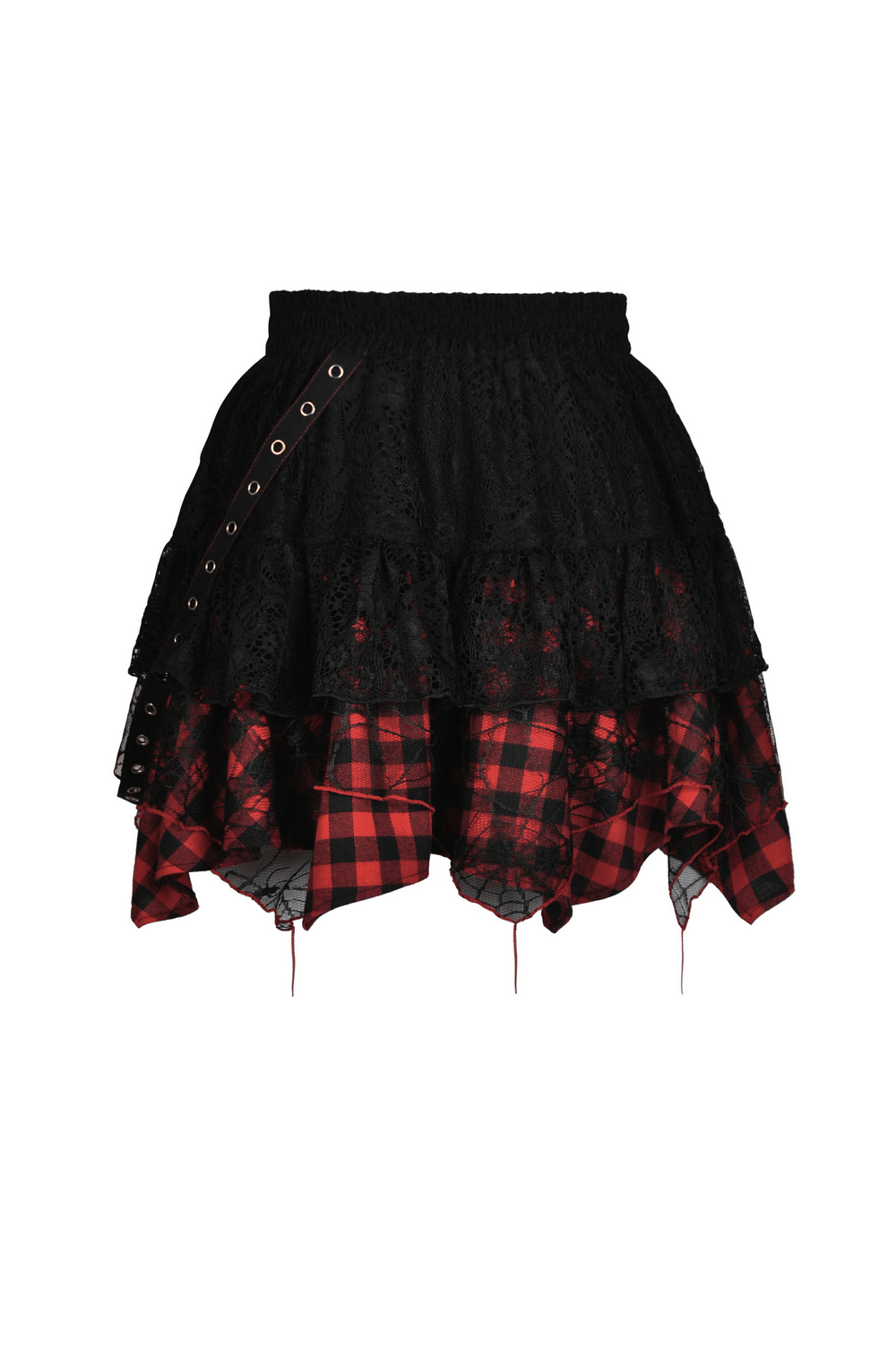 Gothic irregular layered mini skirt featuring lace and bold red plaid with side chains, perfect for edgy punk rock fashion.