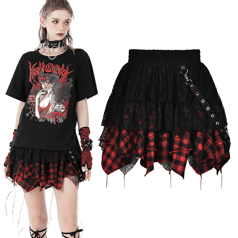 Gothic irregular layered mini skirt with plaid and lace details, featuring chains and paired with a punk rock graphic tee.