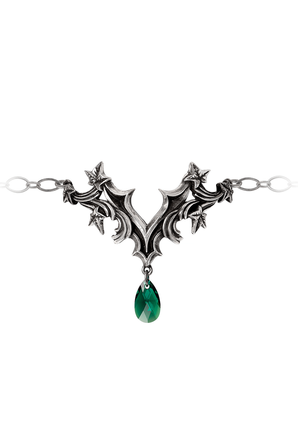 Gothic Ivy Bracelet featuring baroque leaf design and green crystal drop charm, elegant pewter wrist jewelry.