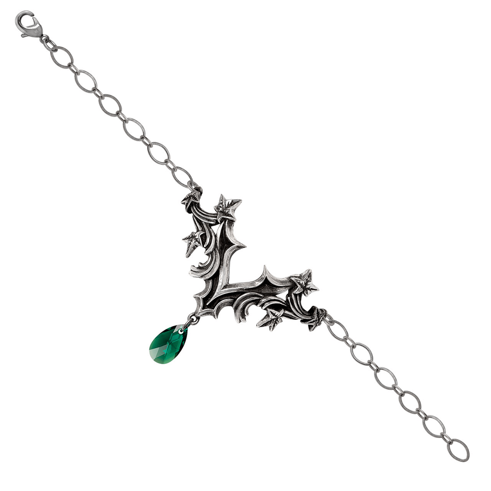 Gothic Ivy Bracelet featuring baroque leaves and a green crystal drop charm, crafted in fine English pewter.