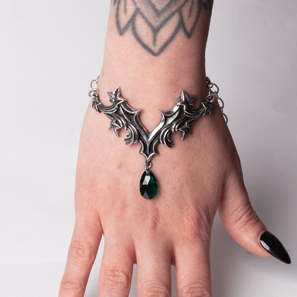 Gothic Ivy Bracelet with green crystal drop charm, featuring intricate pewter ivy design, perfect for gothic jewelry lovers.