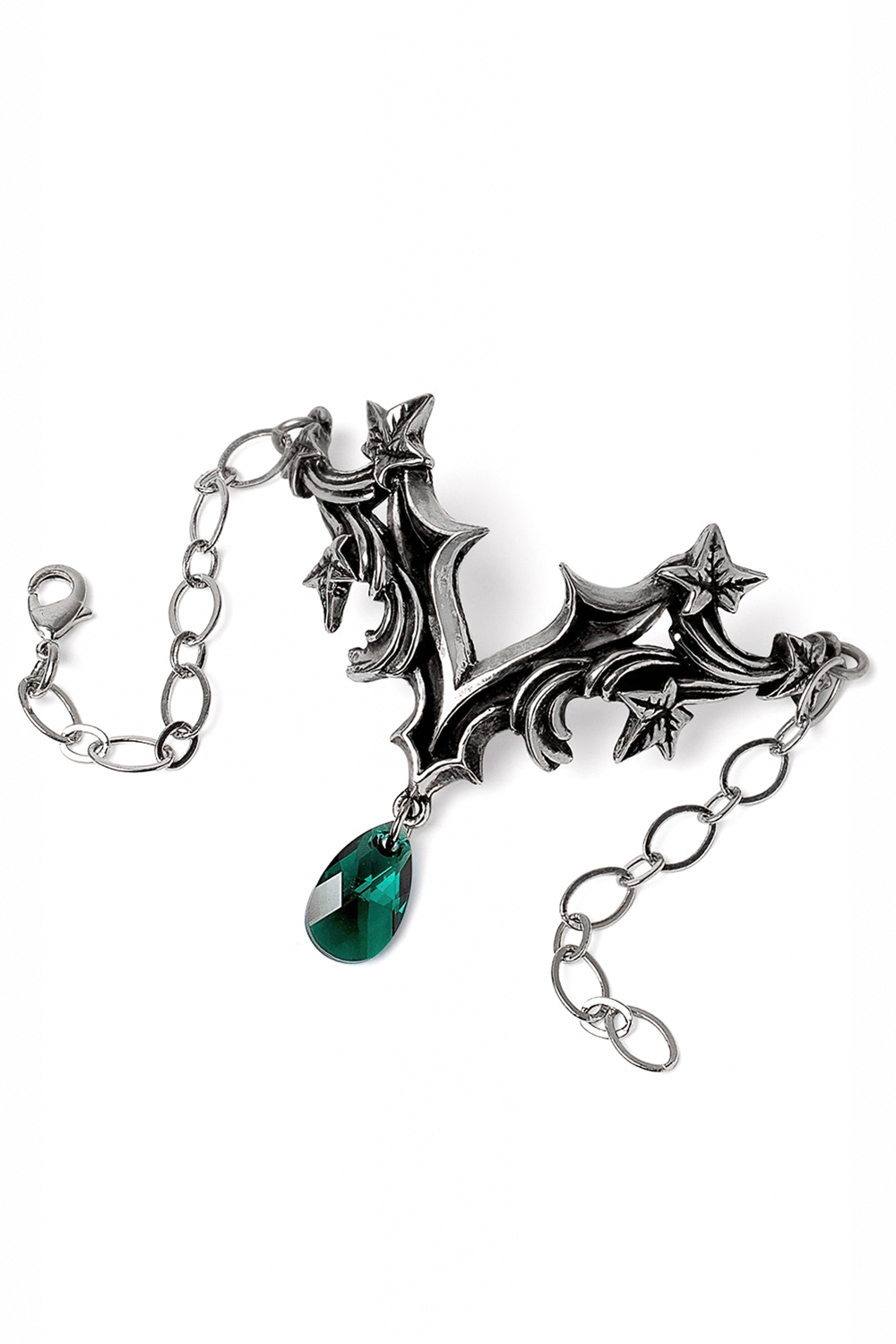 Gothic ivy bracelet in fine pewter with green crystal drop, showcasing baroque leaf design and elegance.