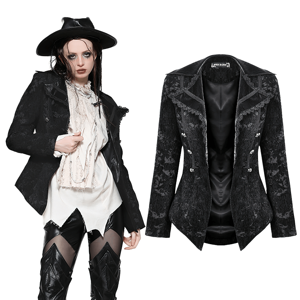 Elegant gothic jacket with lace details and statement buttons, showcased on model and alone for a striking look.