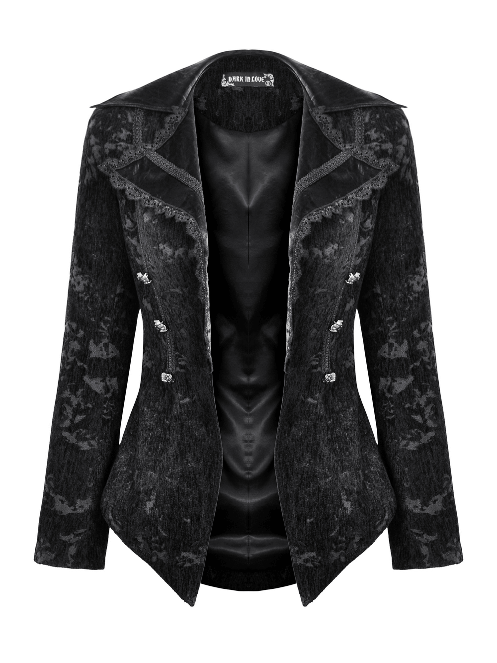 Elegant gothic velvet jacket with lace trim and statement buttons, featuring an asymmetrical cut and structured lapels.