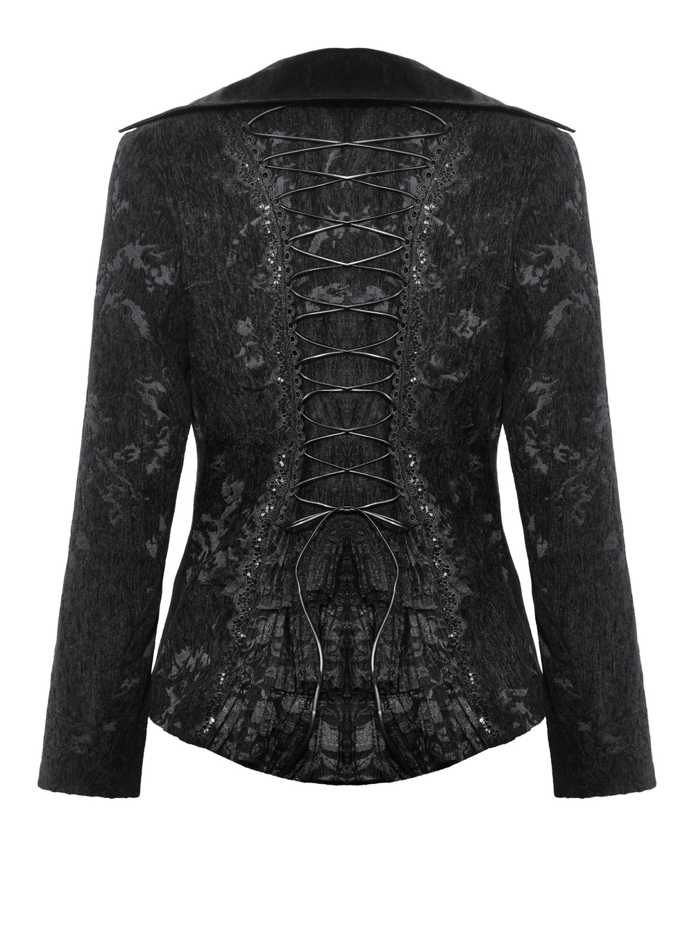 Elegant gothic jacket with lace-up back detail and textured fabric, perfect for formal occasions and gothic events.