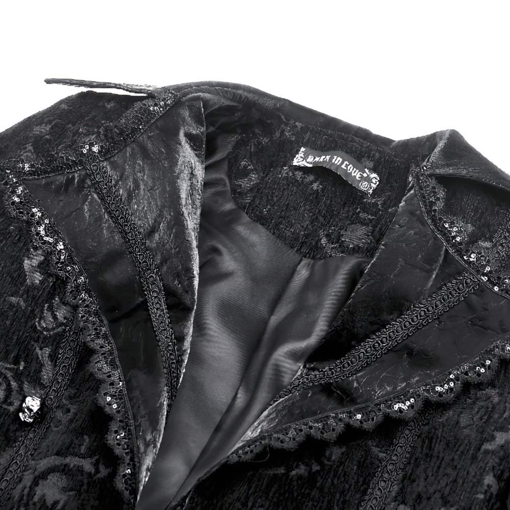 Elegant gothic jacket interior showcasing luxurious velvet and intricate lace detailing. Perfect for a dramatic gothic look.
