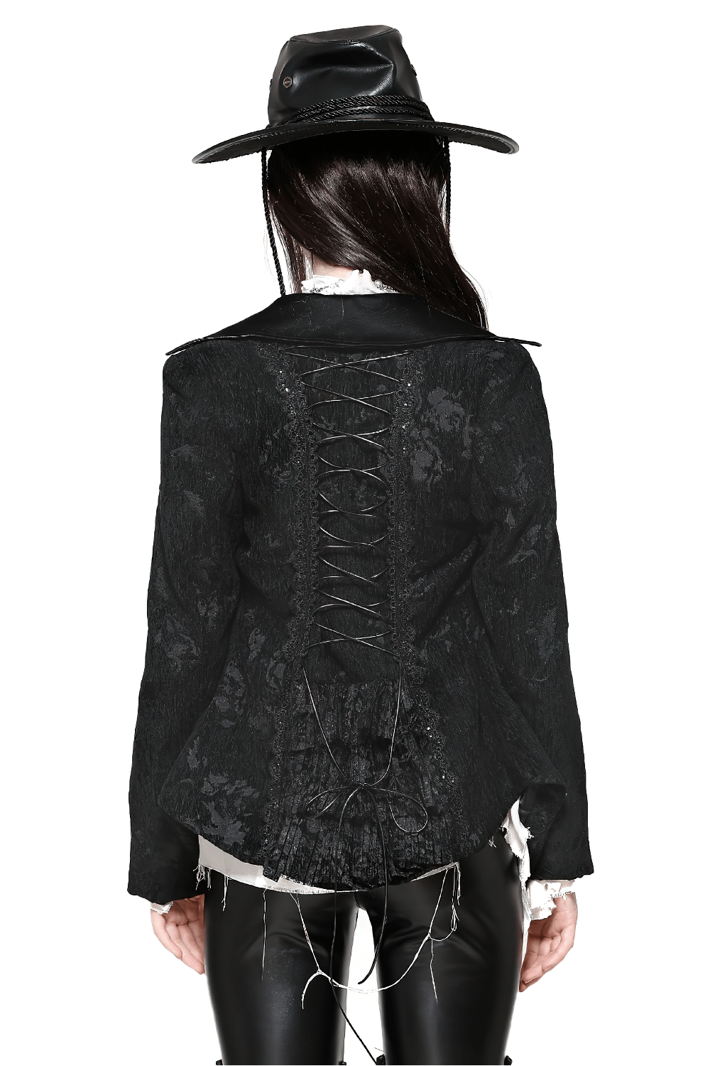 Elegant gothic jacket with lace details and statement buttons, showcasing a unique back design. Perfect for stylish gothic events.