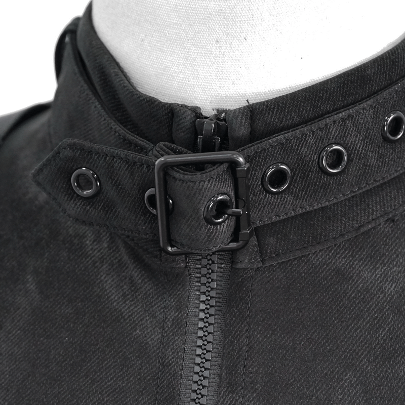 Close-up of a gothic black women's jacket with a zipper and buckle detail, featuring trendy open shoulders.