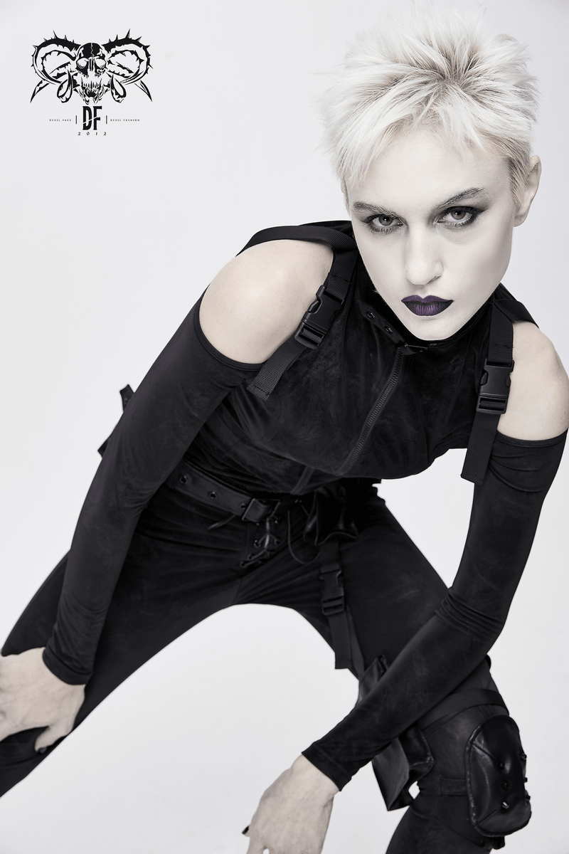 Gothic women's black jacket with open shoulders showcasing a trendy and edgy style, featuring form-fitting cut and bold accessories.