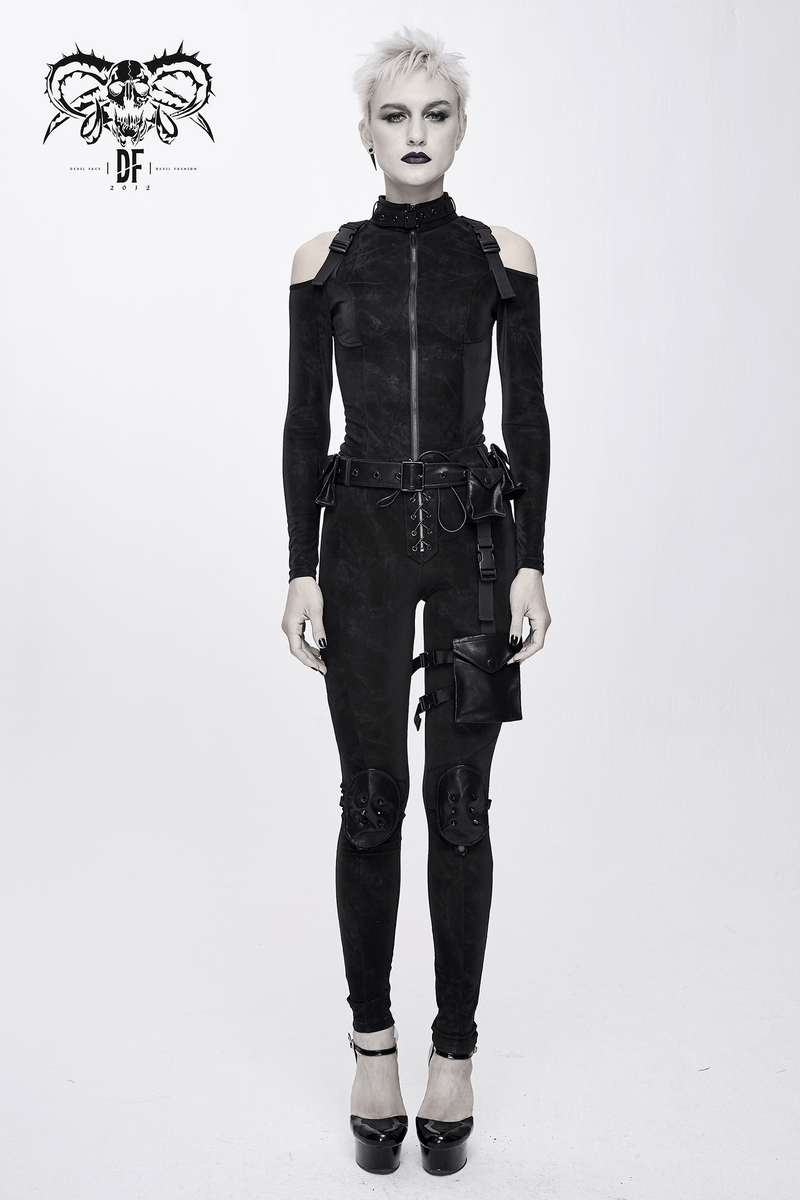 Gothic women's black jacket with open shoulders and stylish buckles, flattering form-fitting design.