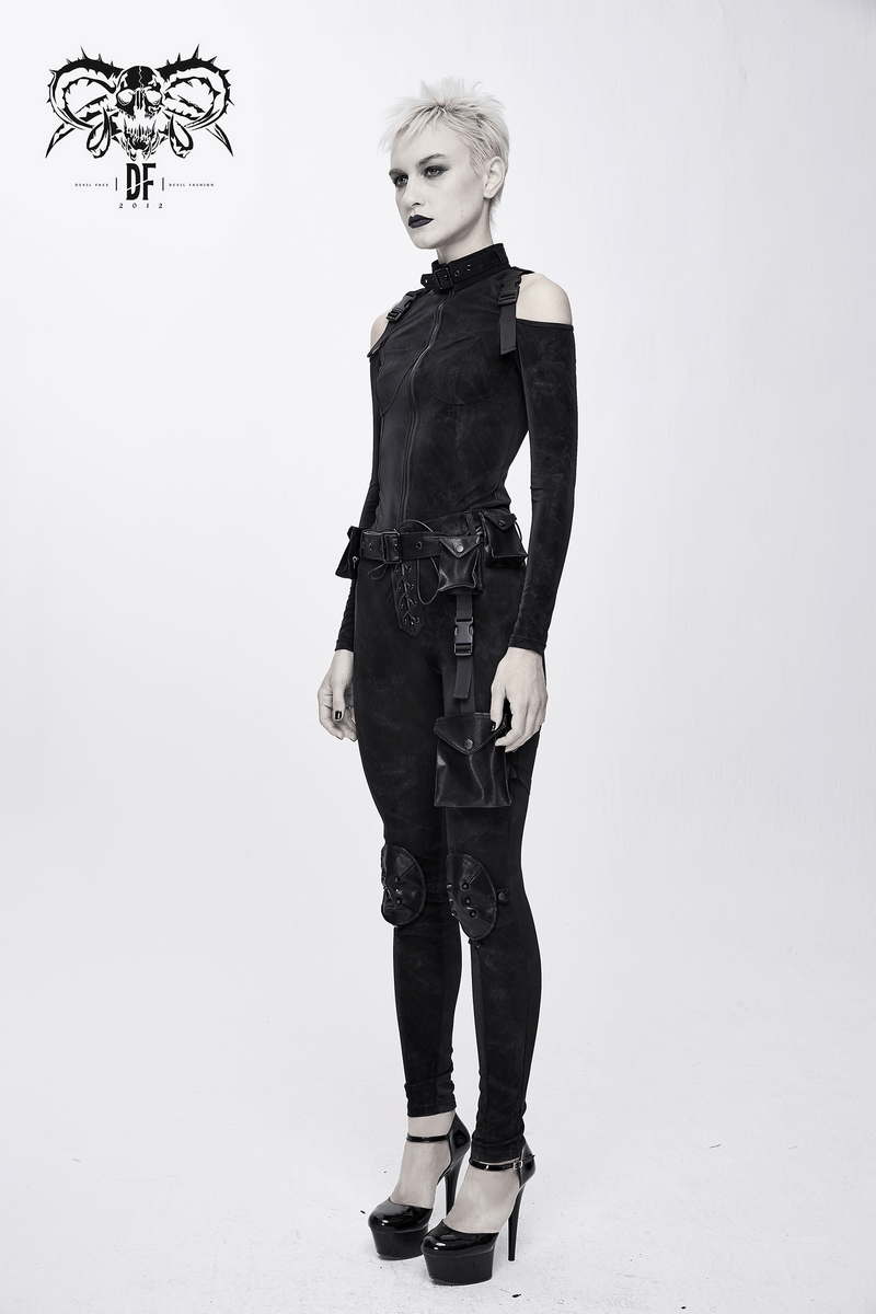 Gothic black women's jacket with open shoulders, featuring buckles and a form-fitting cut for a trendy look.