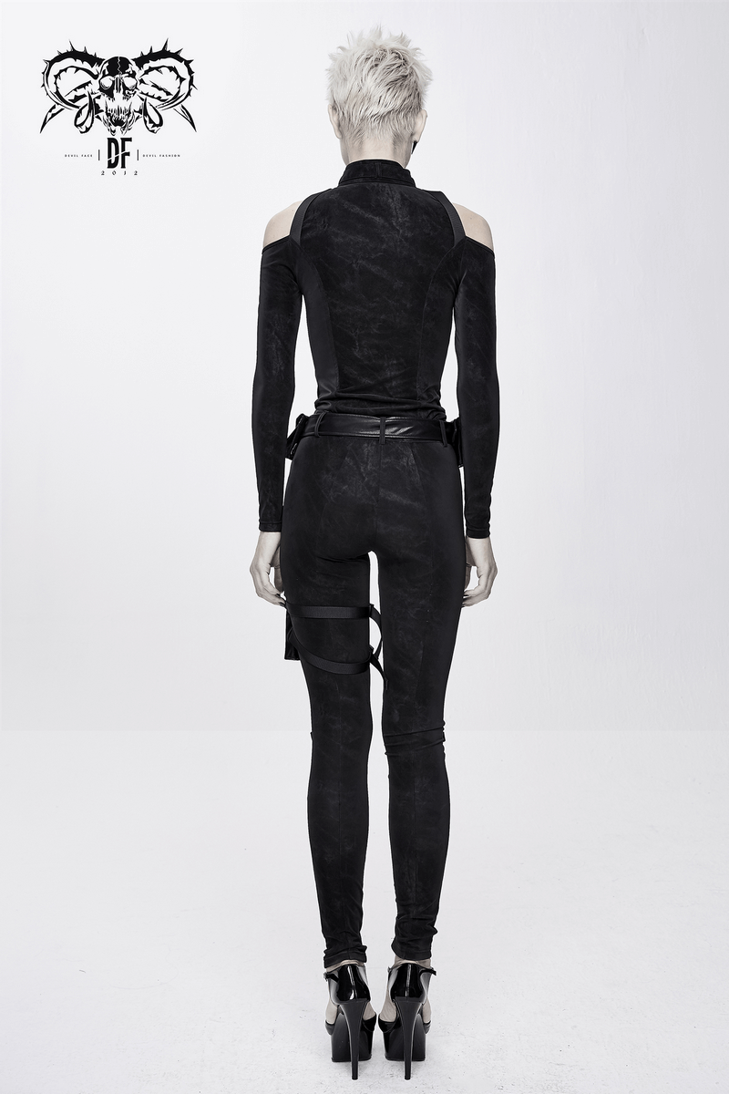 Back view of a black gothic women's jacket with open shoulders, stylishly fitted, showcasing a trendy look.