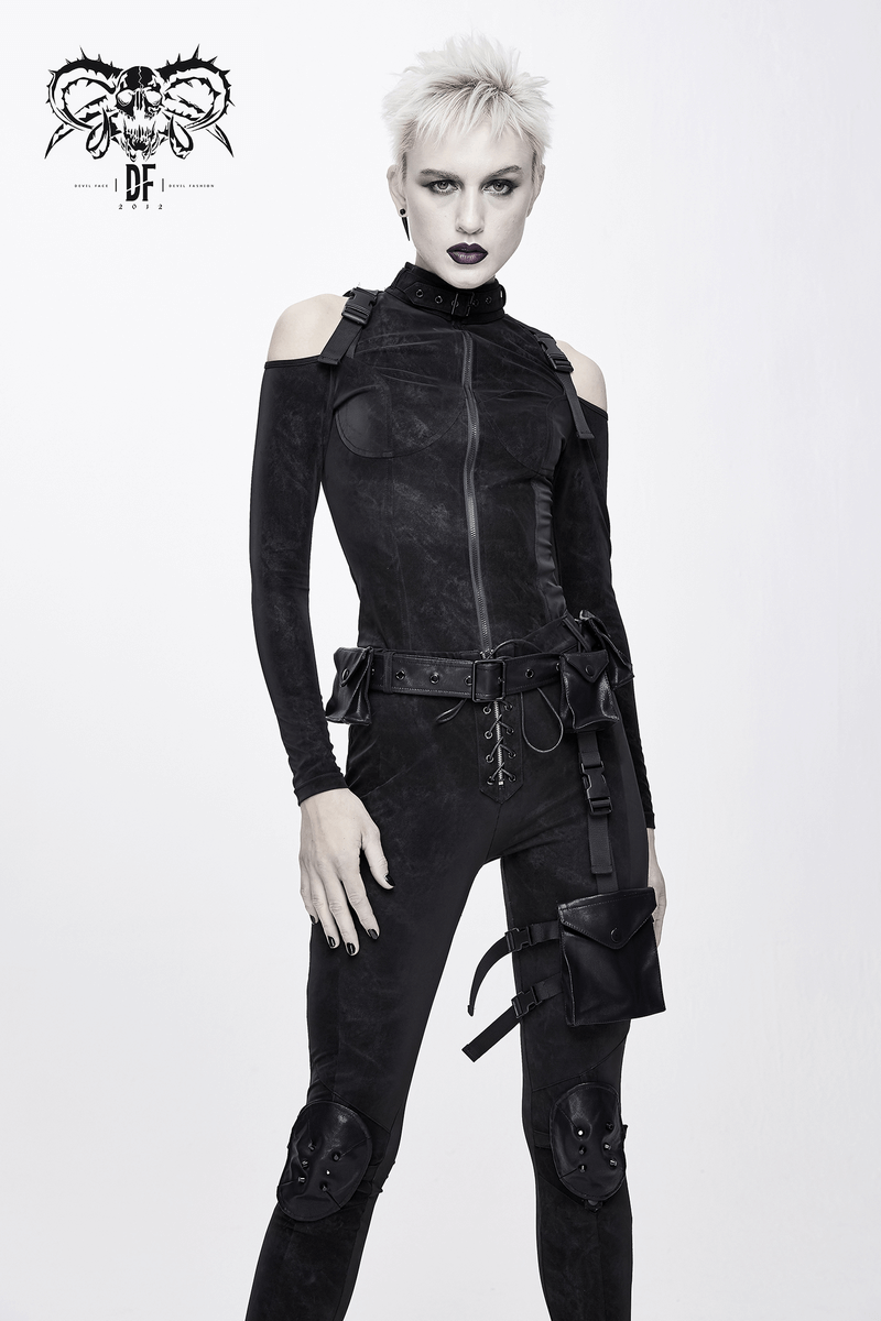 Gothic black women's zipper jacket with open shoulders, stylish buckles, and form-fitting design.