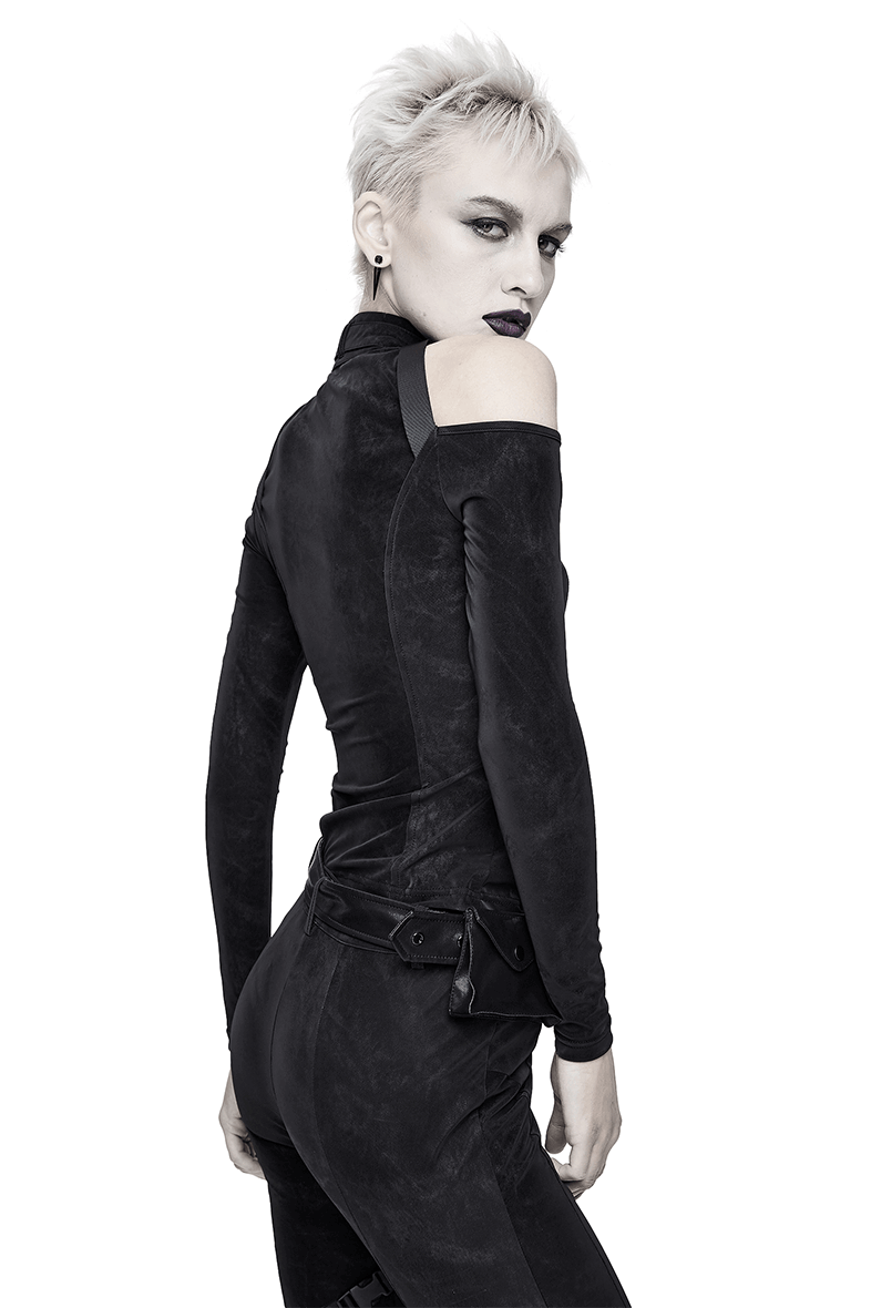 Black women's gothic jacket with open shoulders, showcasing a trendy and form-fitting design, perfect for a stylish look.