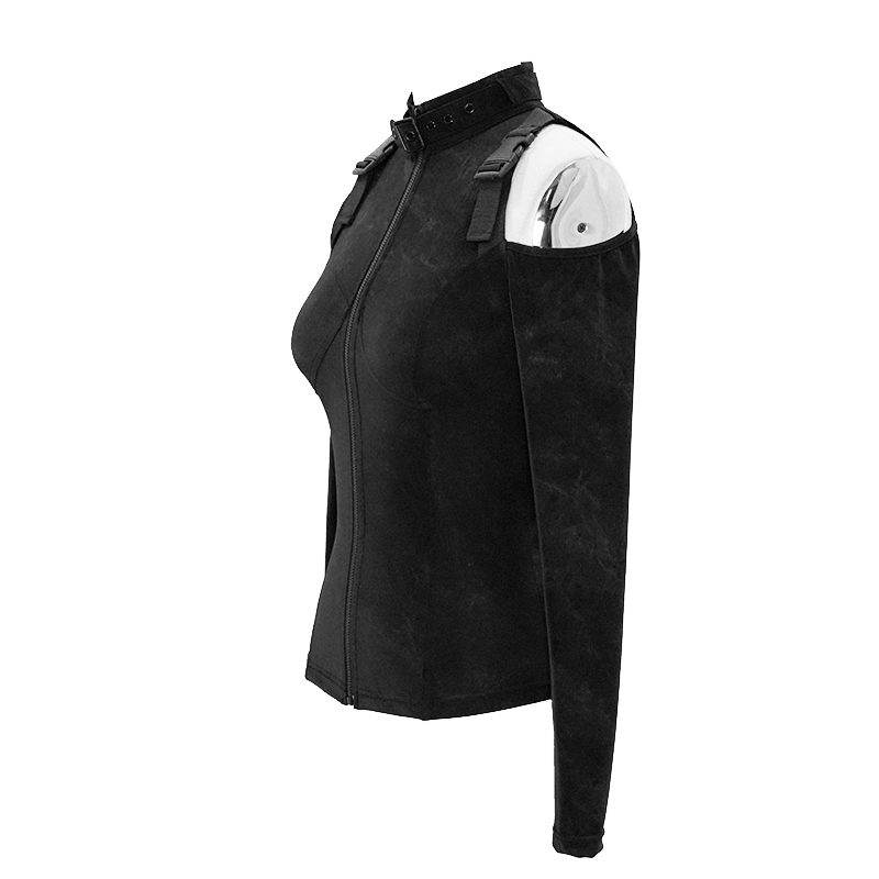 Gothic black women's jacket with open shoulders, stylish zipper design, and buckles for a trendy look.