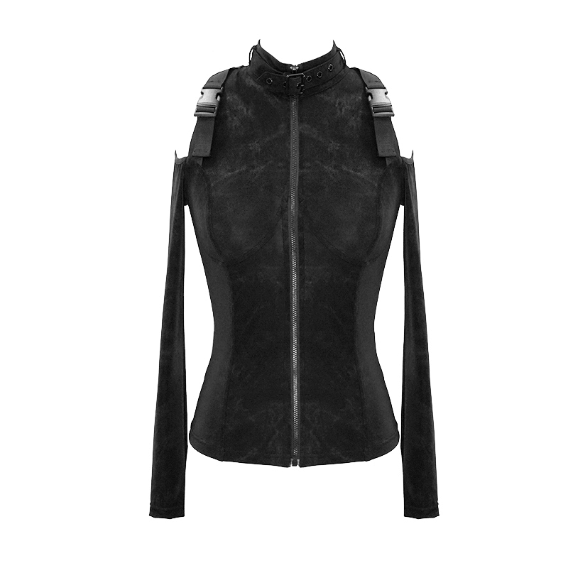 Gothic black women's jacket with open shoulders and buckles, trendy zipper design, form-fitting style.