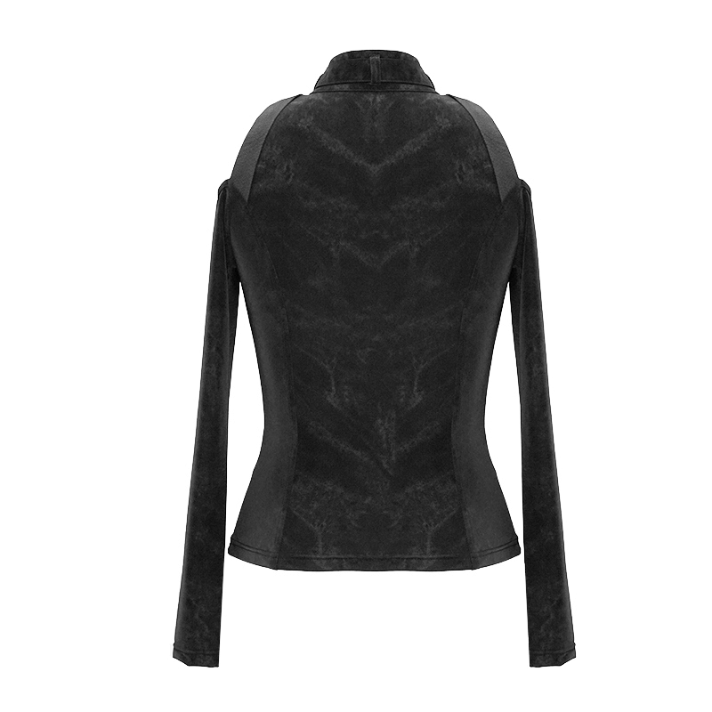 Back view of a black women's gothic jacket with open shoulders and zipper, showcasing trendy style and fit.