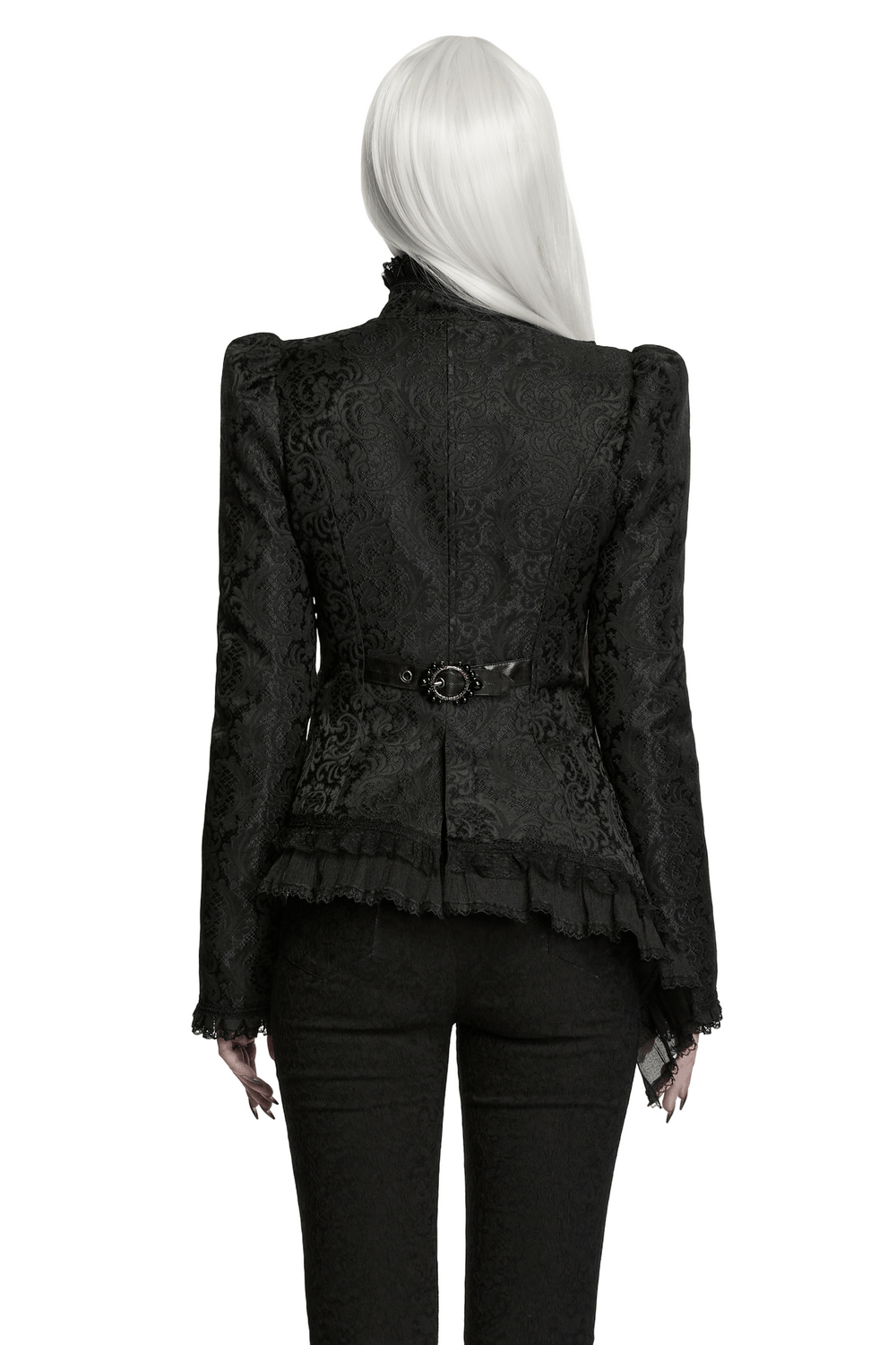 Back view of Gothic Jacquard Asymmetric Jacket with Lace Details showcasing the intricate lace and jacquard patterns.
