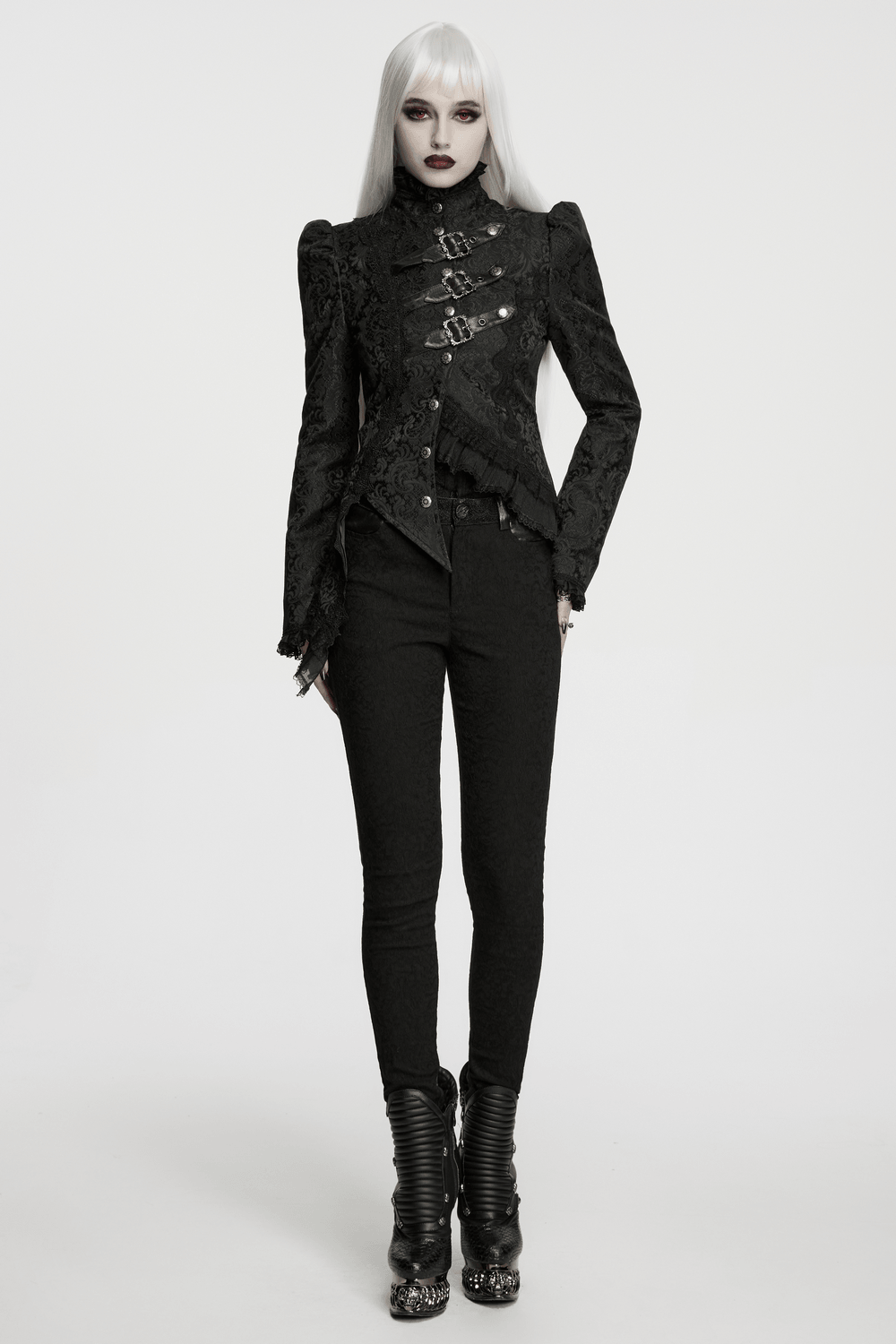 Gothic Jacquard Asymmetric Jacket with Lace Details showcased on model, embodying punk elegance with layered lace accents.