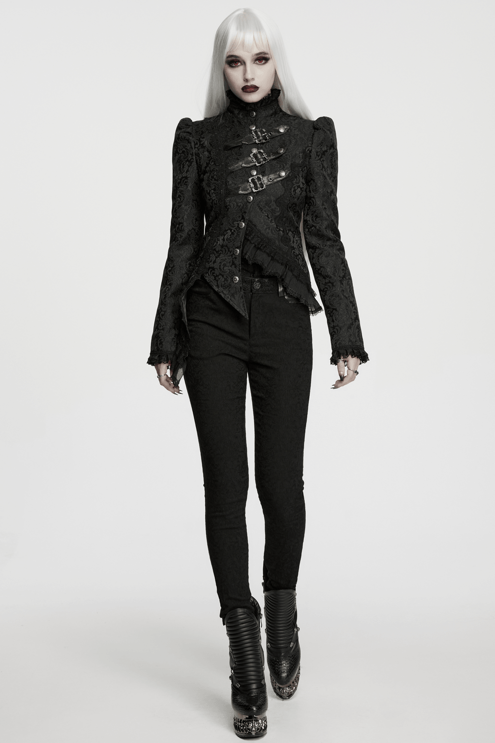Gothic Jacquard Asymmetric Jacket with Lace Details on model, showcasing punk elegance and intricate lace design.
