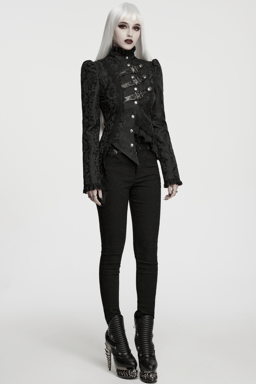 Gothic Jacquard Asymmetric Jacket with Lace Details worn by model, featuring lace, faux leather, and asymmetric design.