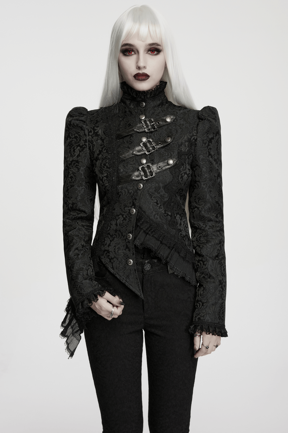 Gothic Jacquard Asymmetric Jacket with Lace Details worn by a model showcasing a striking Victorian punk style.