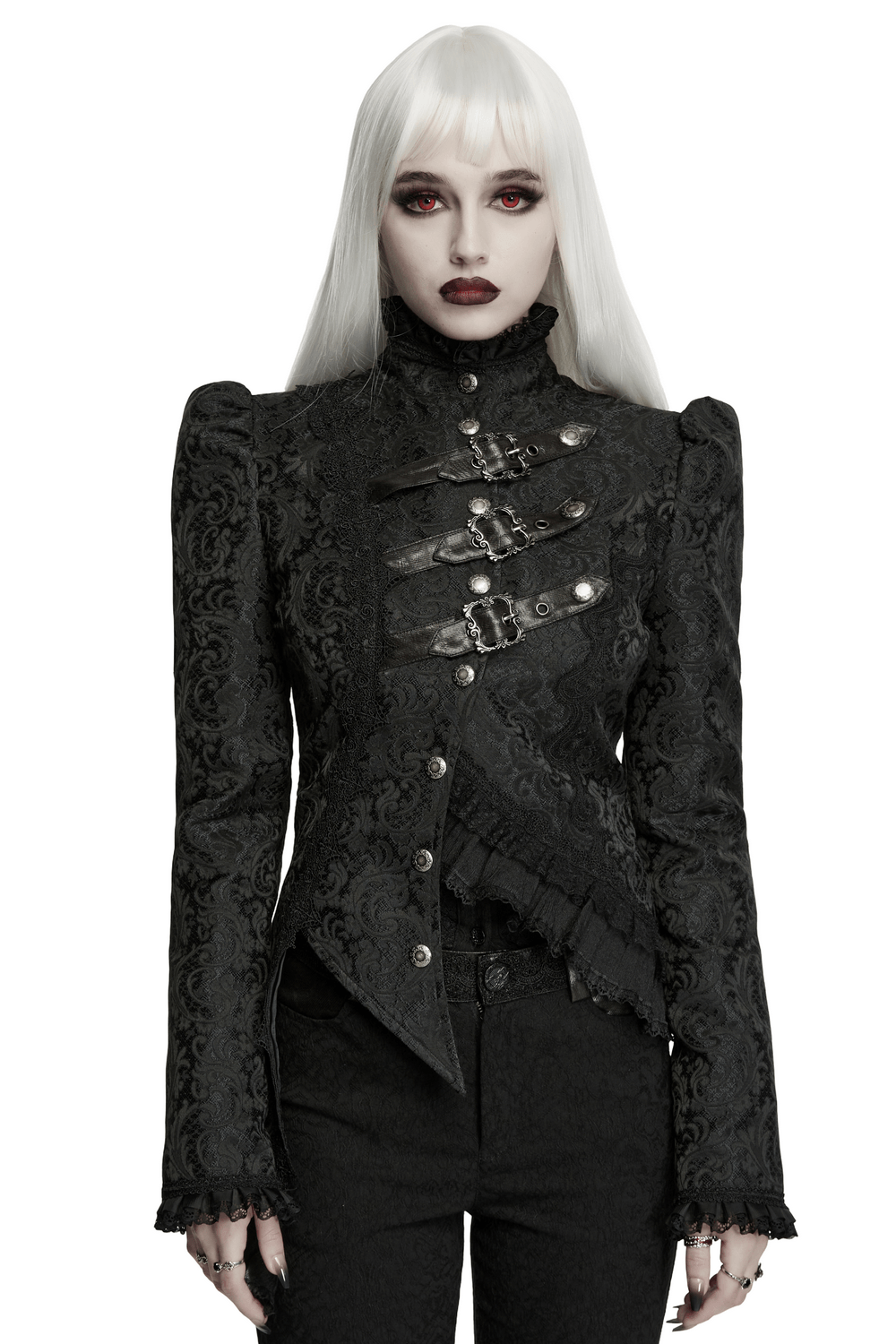 Gothic Jacquard Asymmetric Jacket with Lace Details featuring ornate design and layered mesh lace for a striking gothic look.