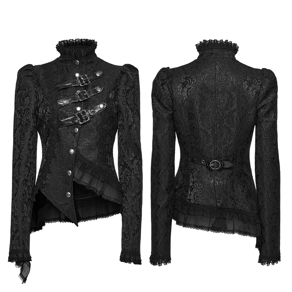 Gothic Jacquard Asymmetric Jacket with Lace Details featuring stylish strap and layered lace design in black.
